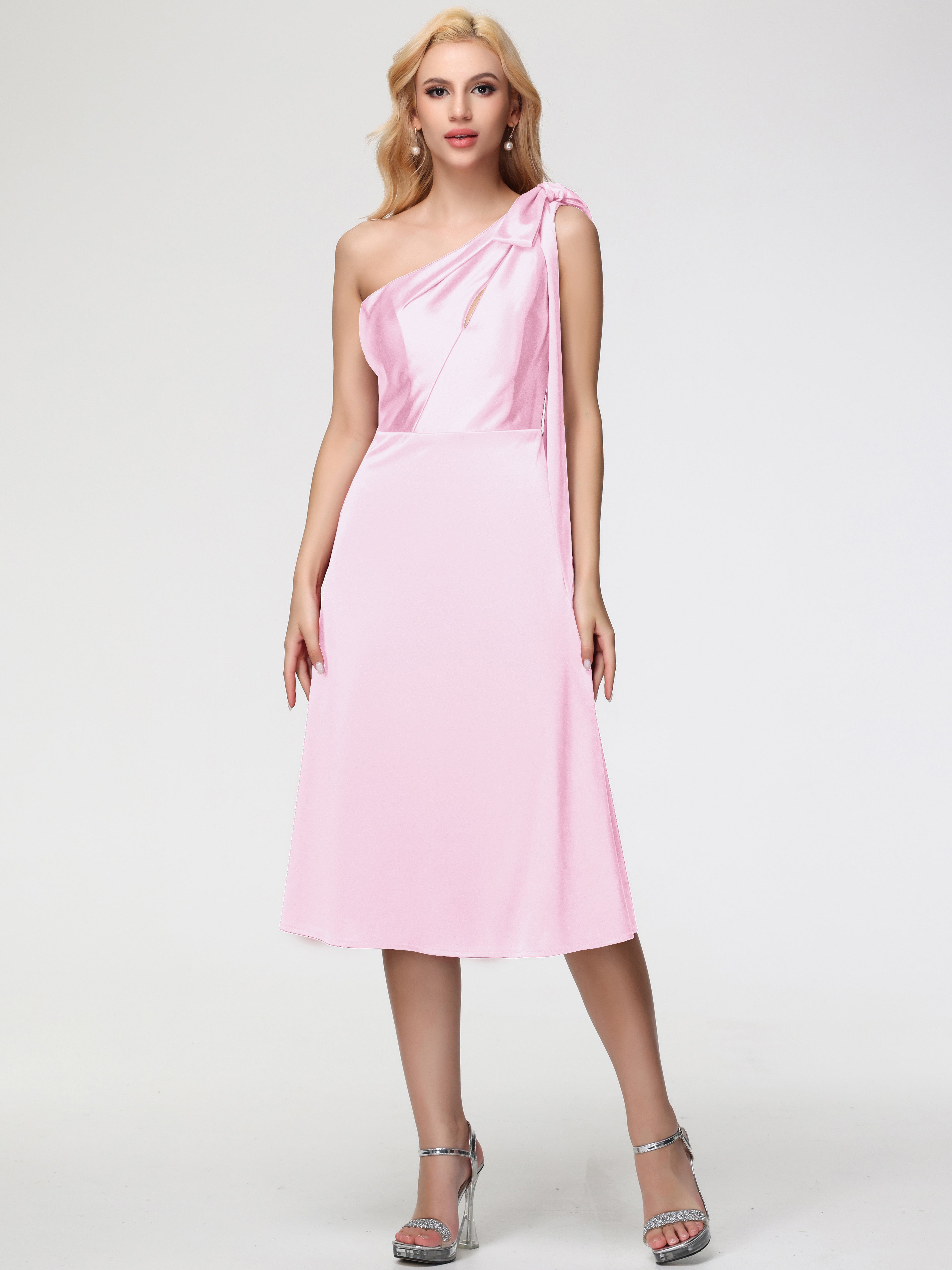 Robe Demoiselles D Honneur Rose Pale Seule-épaule Mi-Longue Satin Extensible Robe De Demoiselle D'Honneur