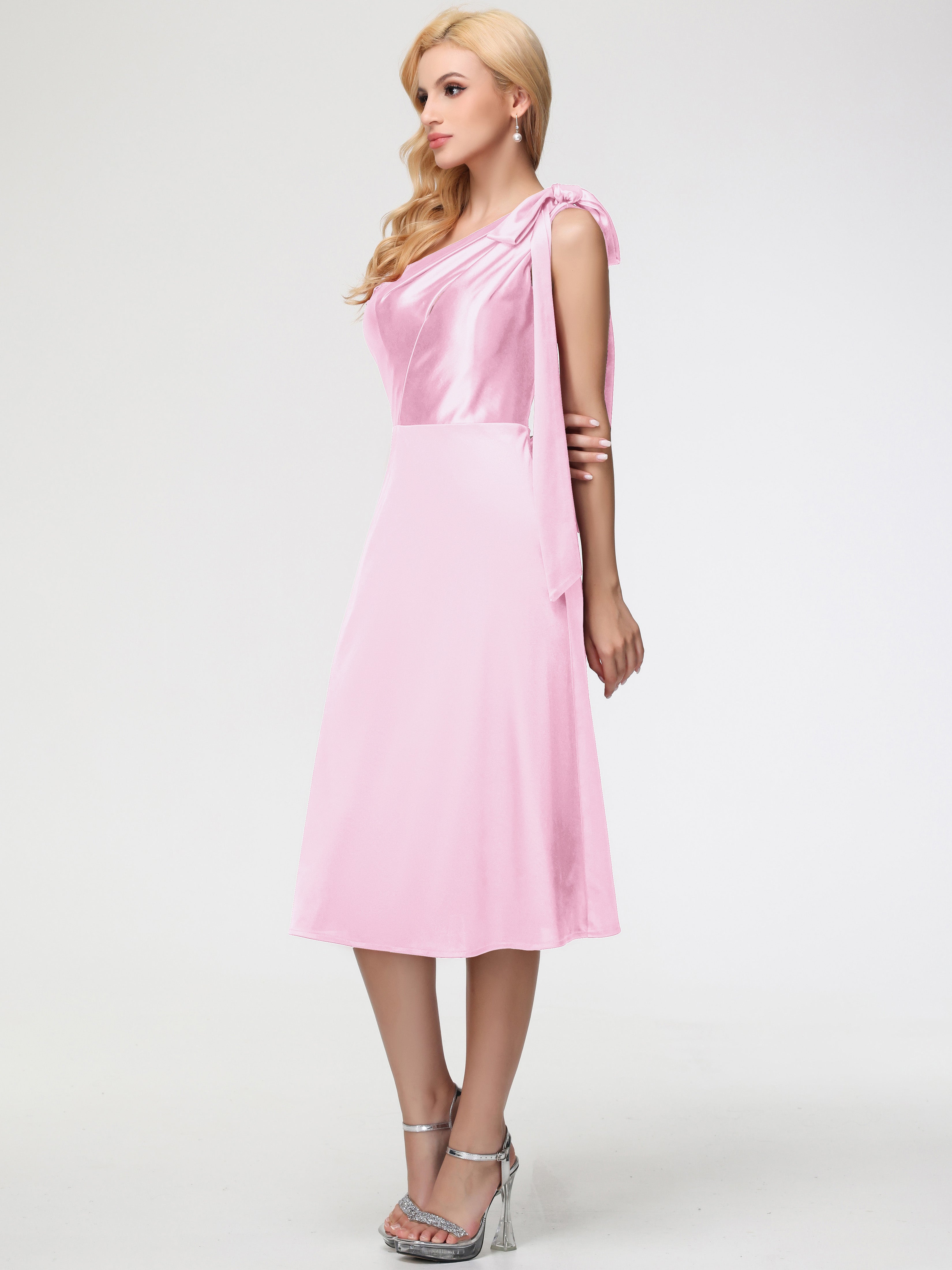 Robe Demoiselles D Honneur Rose Pale Seule-épaule Mi-Longue Satin Extensible Robe De Demoiselle D'Honneur
