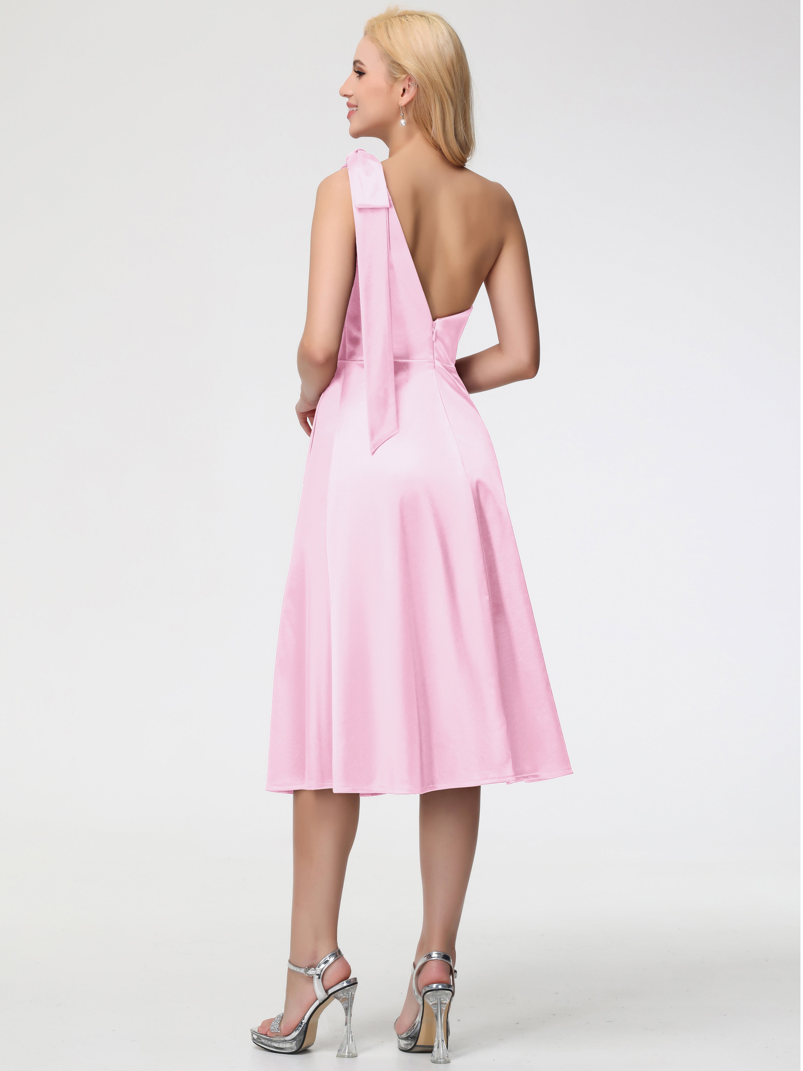 Robe Demoiselles D Honneur Rose Pale Seule-épaule Mi-Longue Satin Extensible Robe De Demoiselle D'Honneur