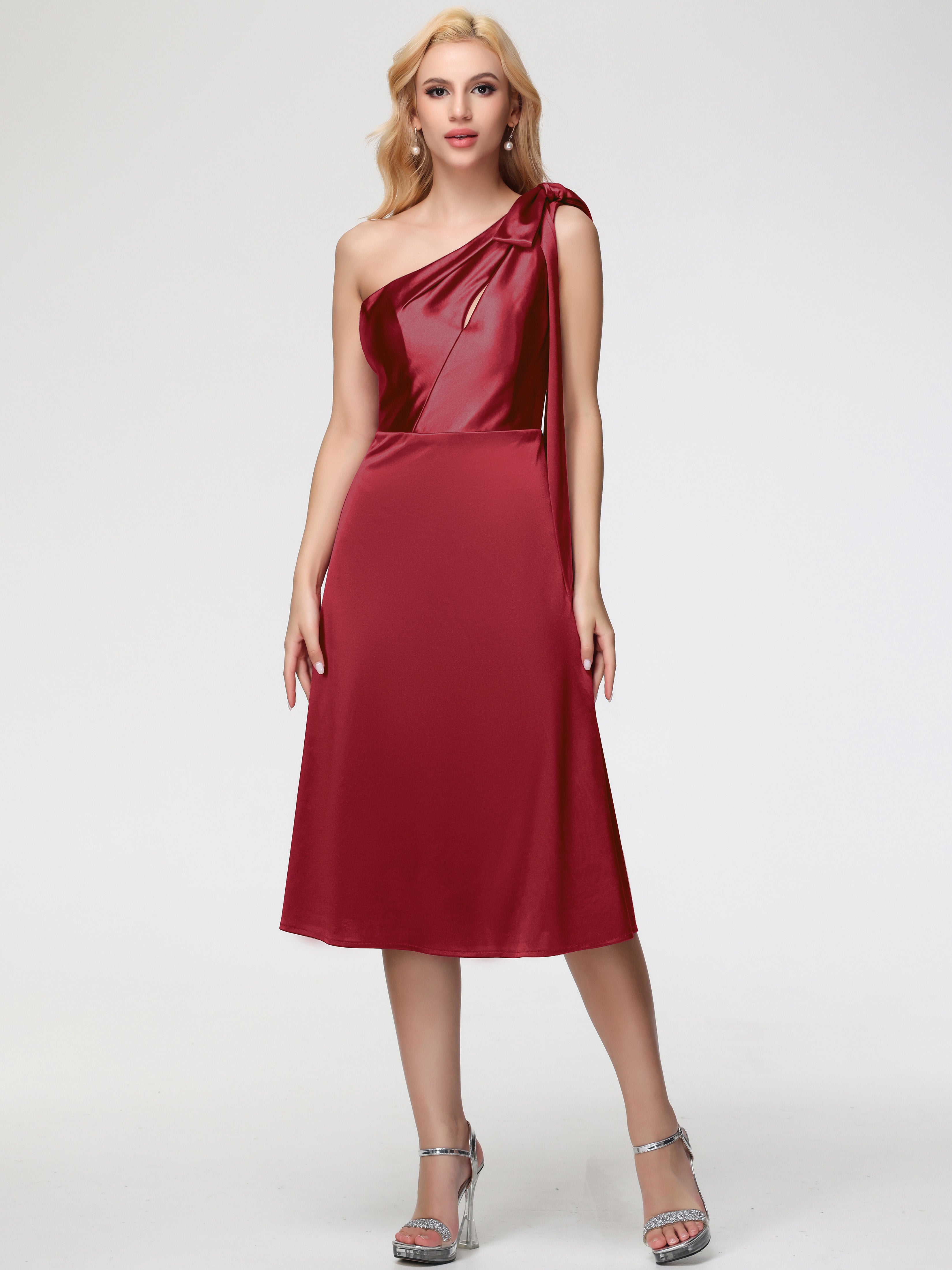 Robe Bordeaux Demoiselle D Honneur Seule-épaule Mi-Longue Satin Extensible Robe De Demoiselle D'Honneur