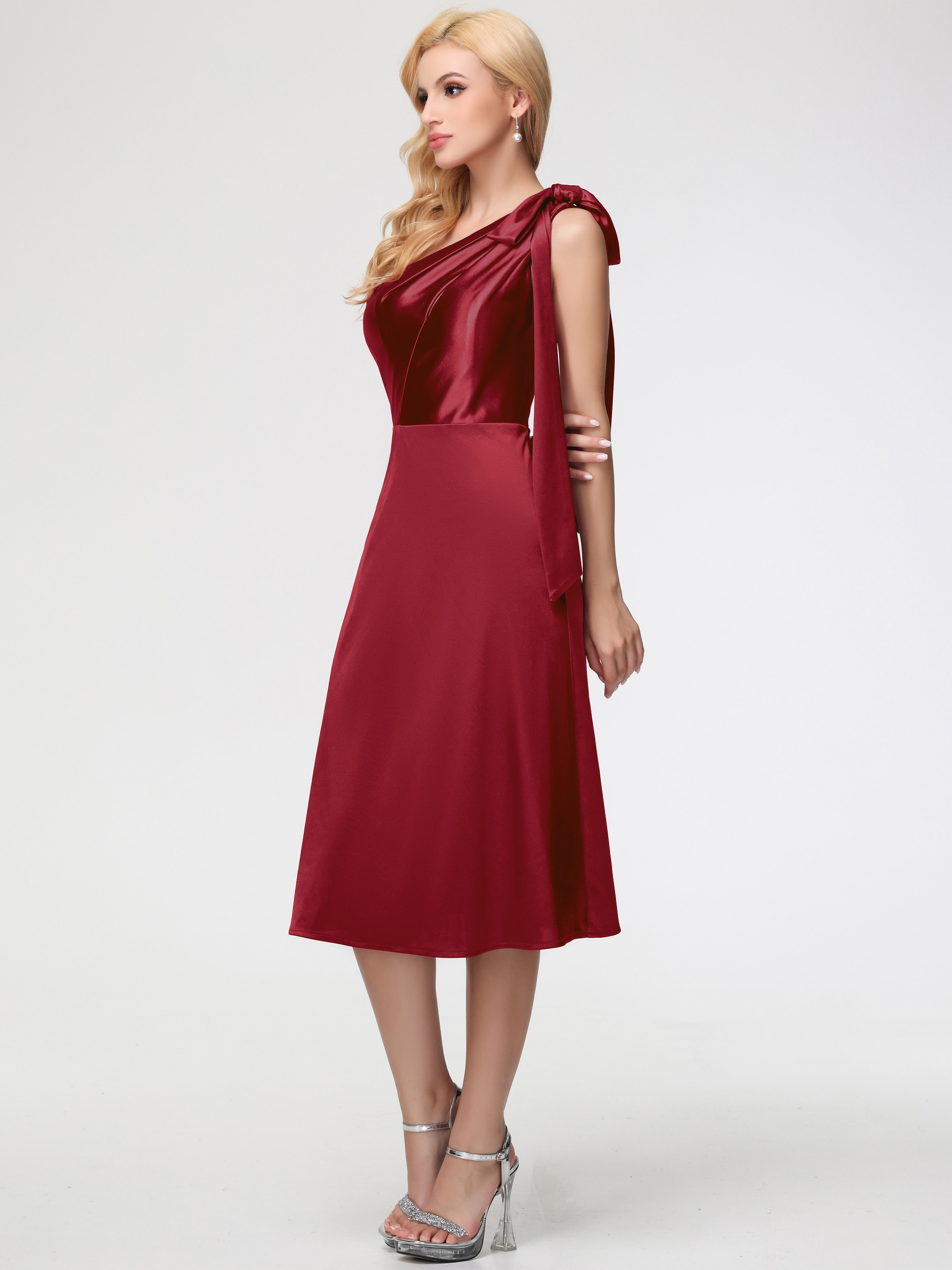 Robe Bordeaux Demoiselle D Honneur Seule-épaule Mi-Longue Satin Extensible Robe De Demoiselle D'Honneur