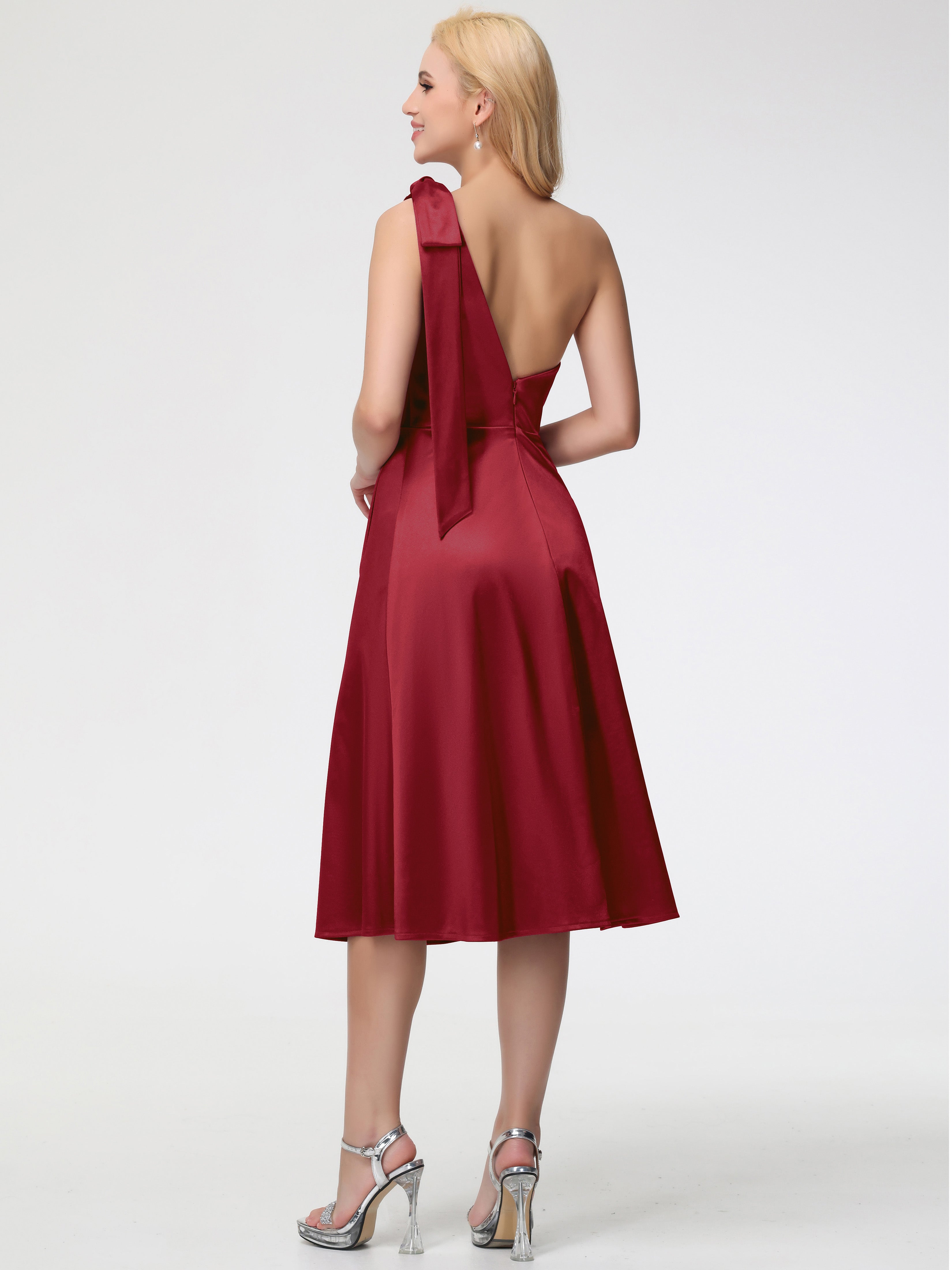 Robe Bordeaux Demoiselle D Honneur Seule-épaule Mi-Longue Satin Extensible Robe De Demoiselle D'Honneur