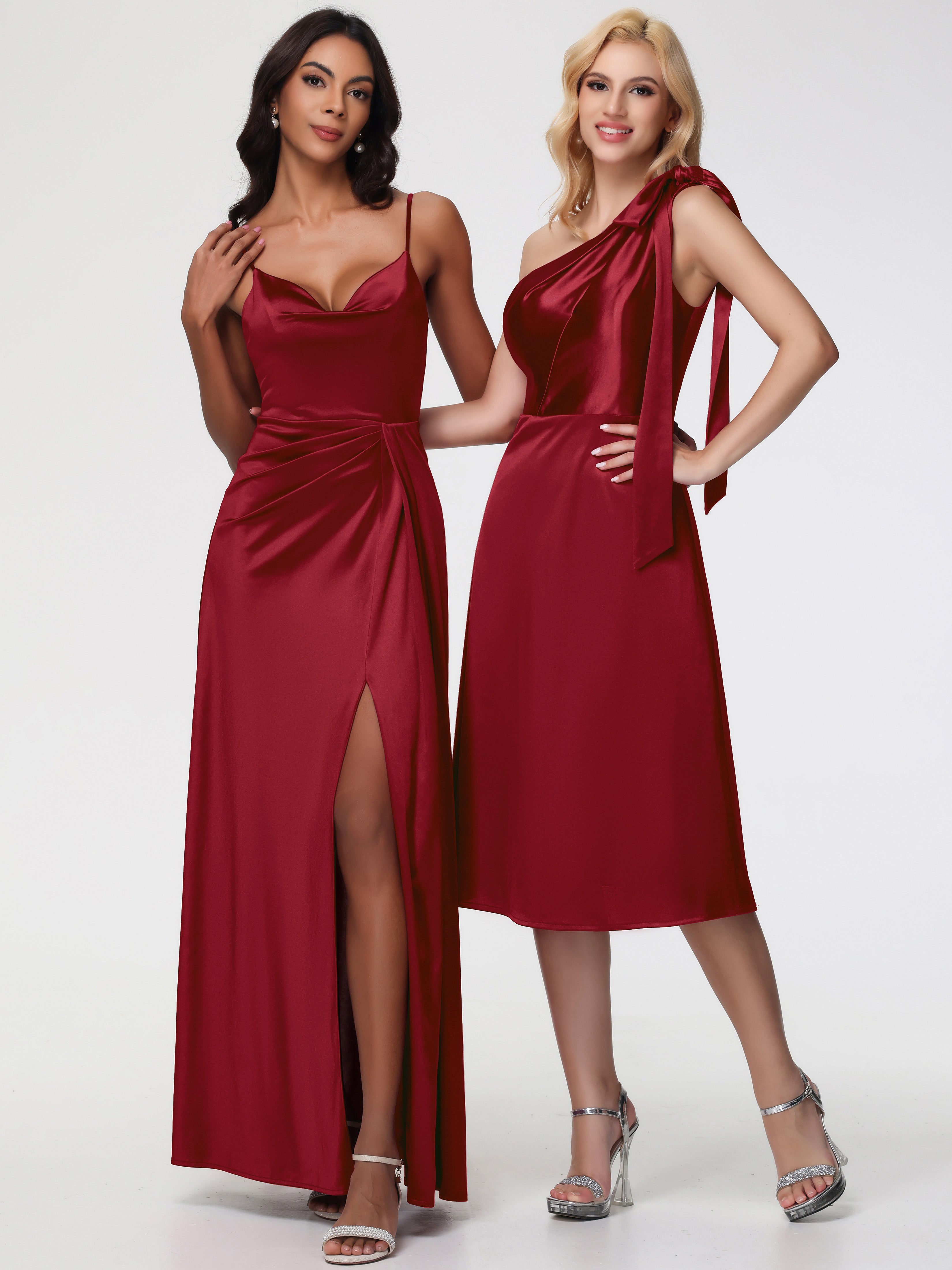 Robe Bordeaux Demoiselle D Honneur Seule-épaule Mi-Longue Satin Extensible Robe De Demoiselle D'Honneur