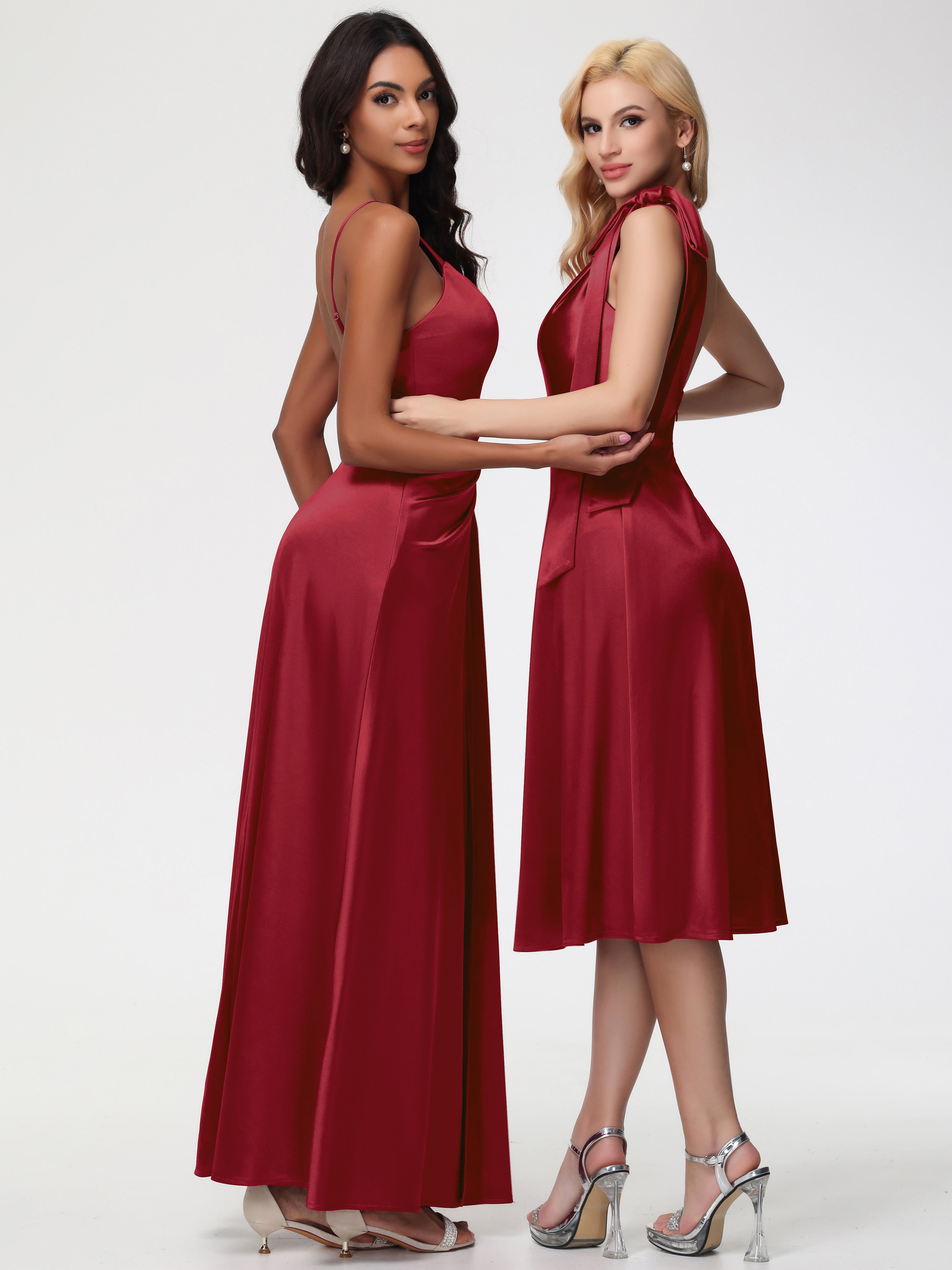 Robe Bordeaux Demoiselle D Honneur Seule-épaule Mi-Longue Satin Extensible Robe De Demoiselle D'Honneur