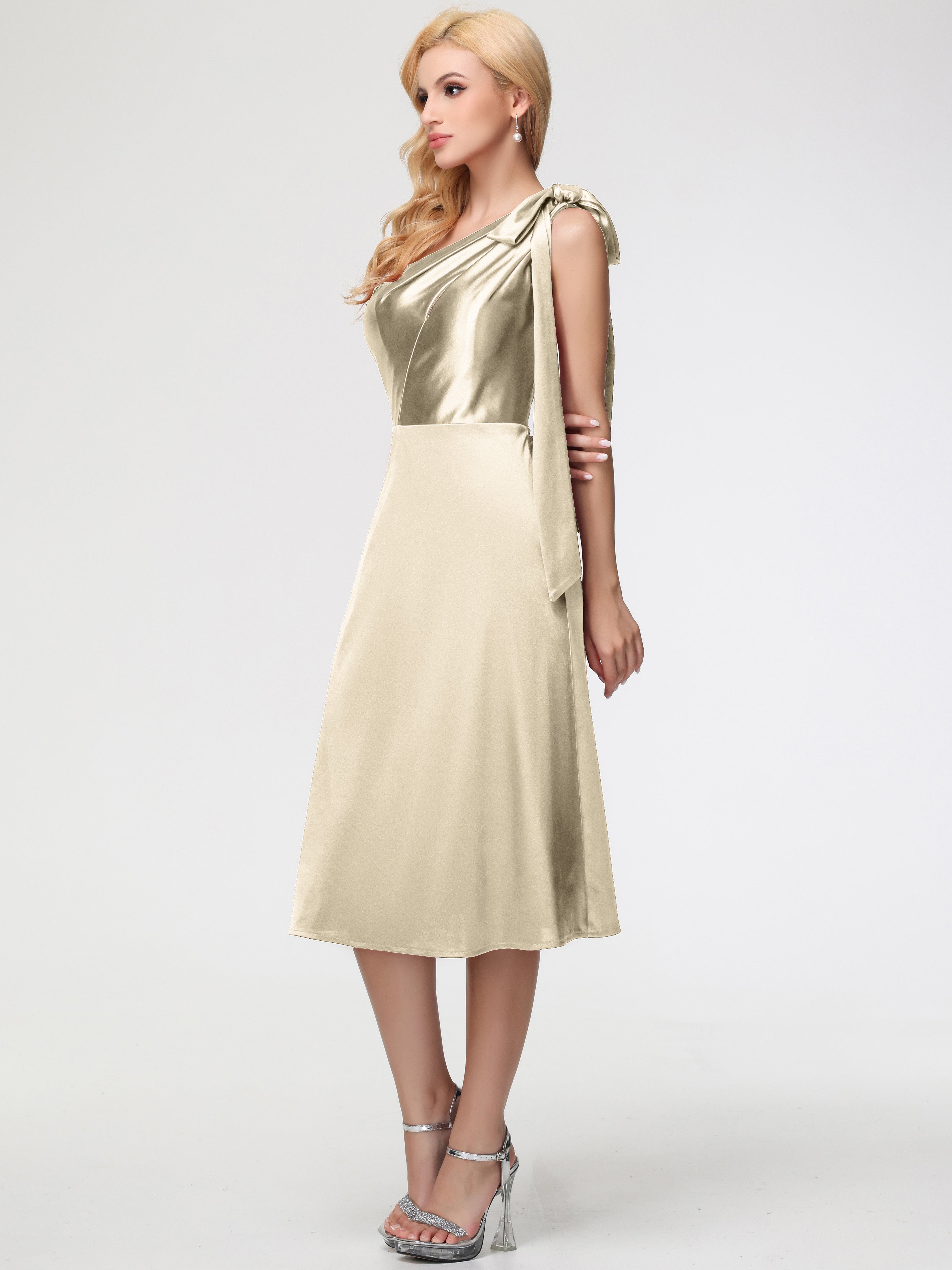 Robe Demoiselle D Honneur Couleur Champagne Seule-épaule Mi-Longue Satin Extensible Robe De Demoiselle D'Honneur