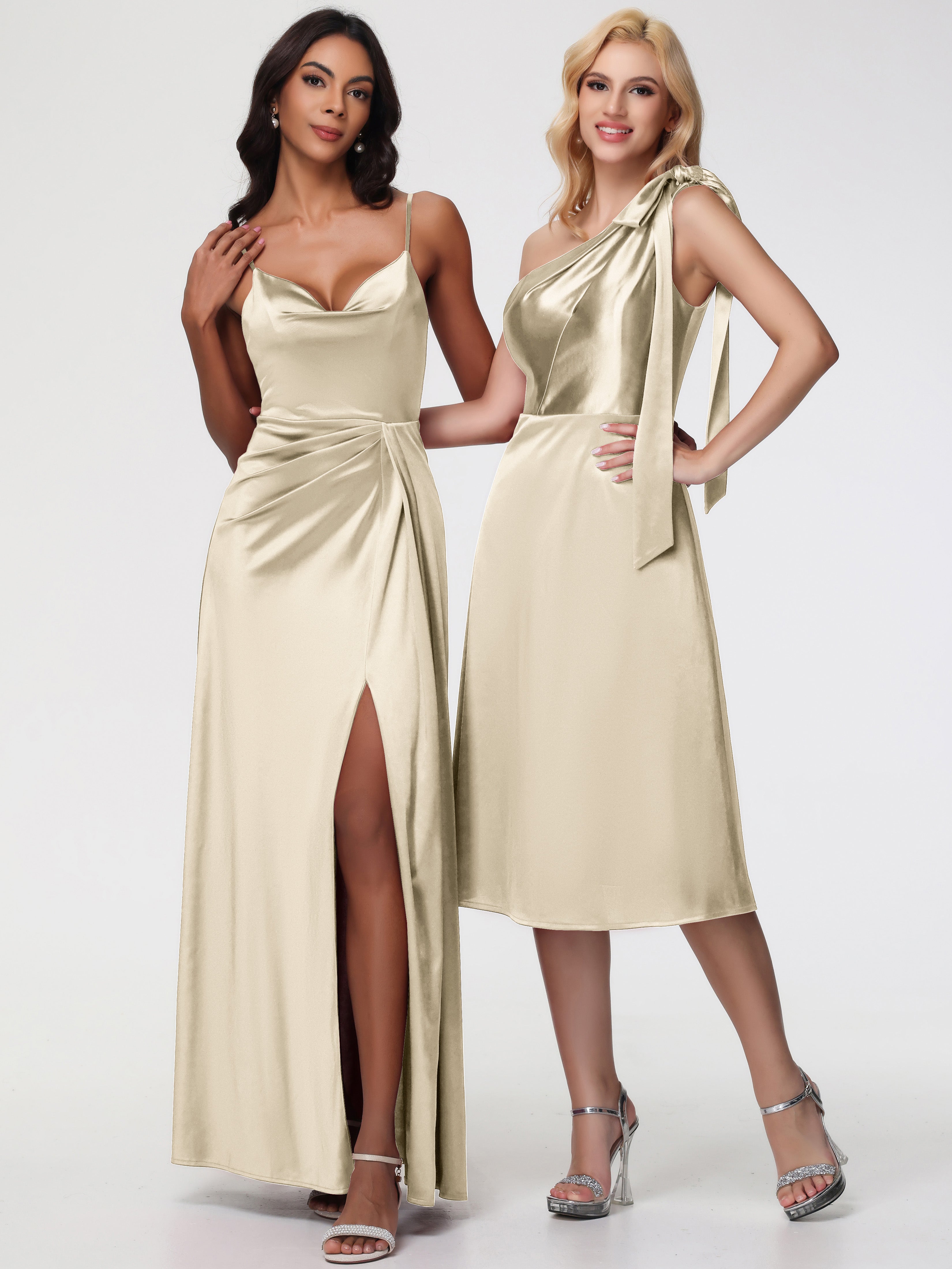 Robe Demoiselle D Honneur Couleur Champagne Seule-épaule Mi-Longue Satin Extensible Robe De Demoiselle D'Honneur