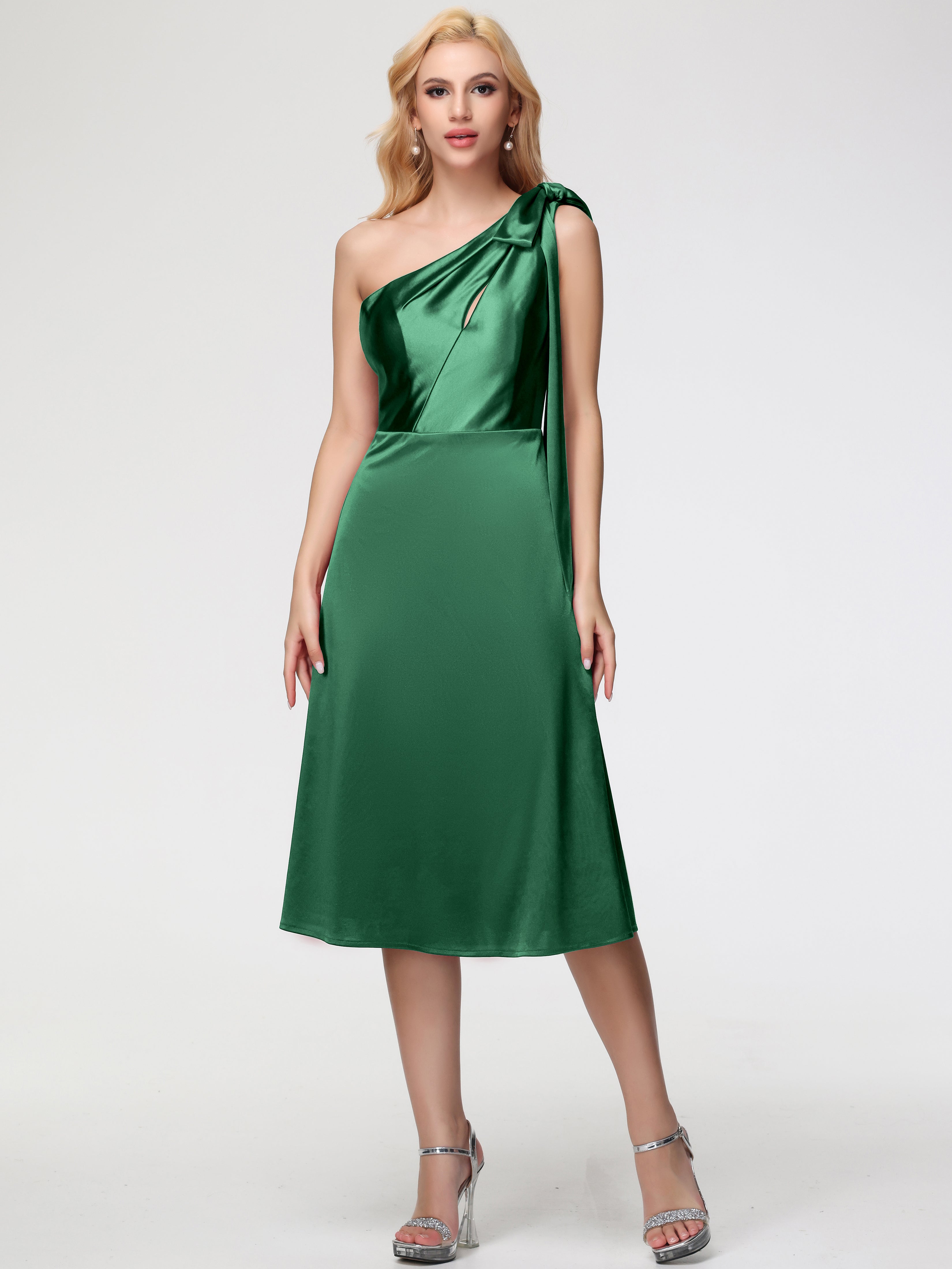 Robes De Demoiselle D'Honneur VERT FONCÉ Seule-épaule Mi-Longue Satin Extensible Robe De Demoiselle D'Honneur