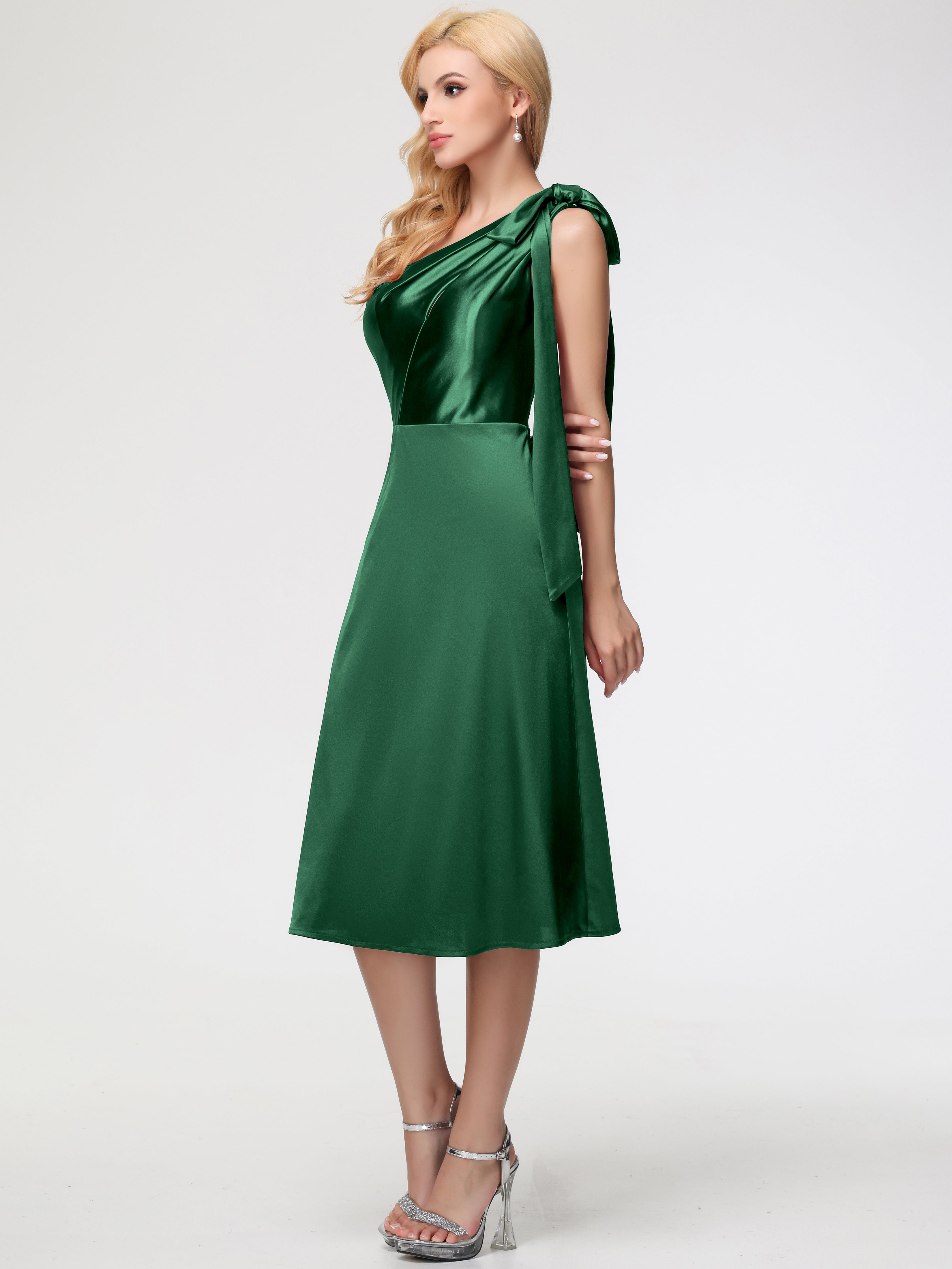Robes De Demoiselle D'Honneur VERT FONCÉ Seule-épaule Mi-Longue Satin Extensible Robe De Demoiselle D'Honneur
