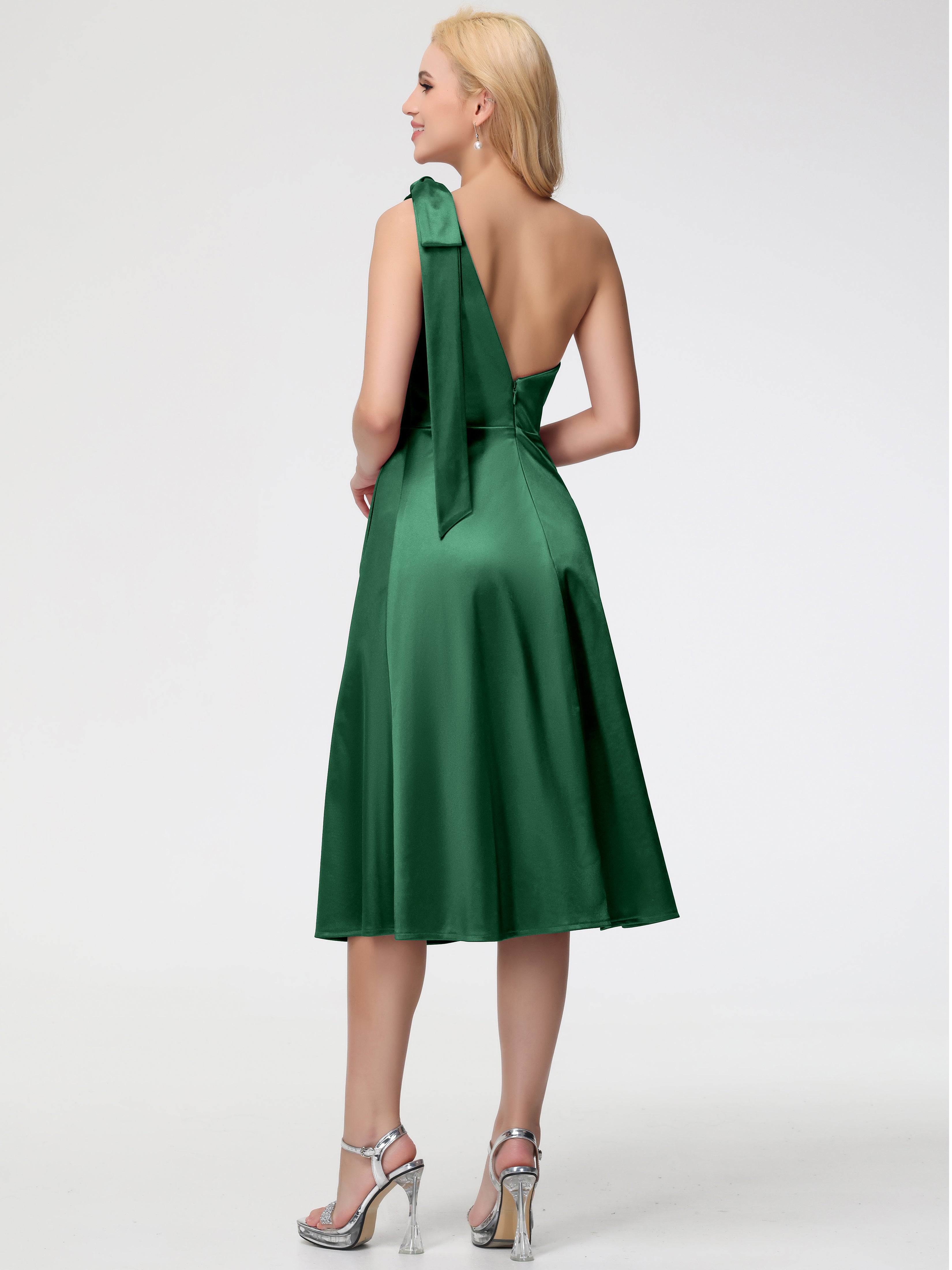 Robes De Demoiselle D'Honneur VERT FONCÉ Seule-épaule Mi-Longue Satin Extensible Robe De Demoiselle D'Honneur