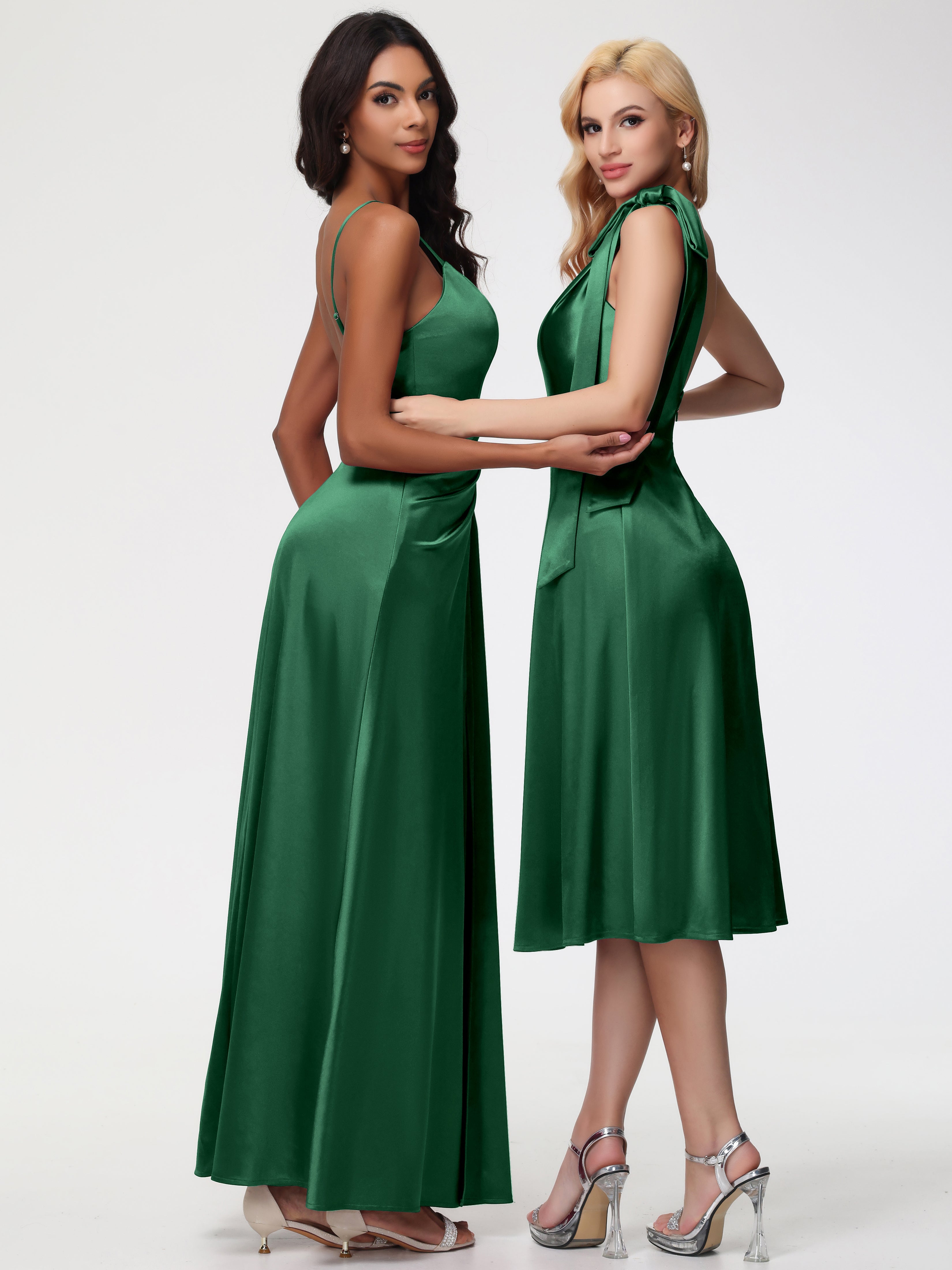 Robes De Demoiselle D'Honneur VERT FONCÉ Seule-épaule Mi-Longue Satin Extensible Robe De Demoiselle D'Honneur