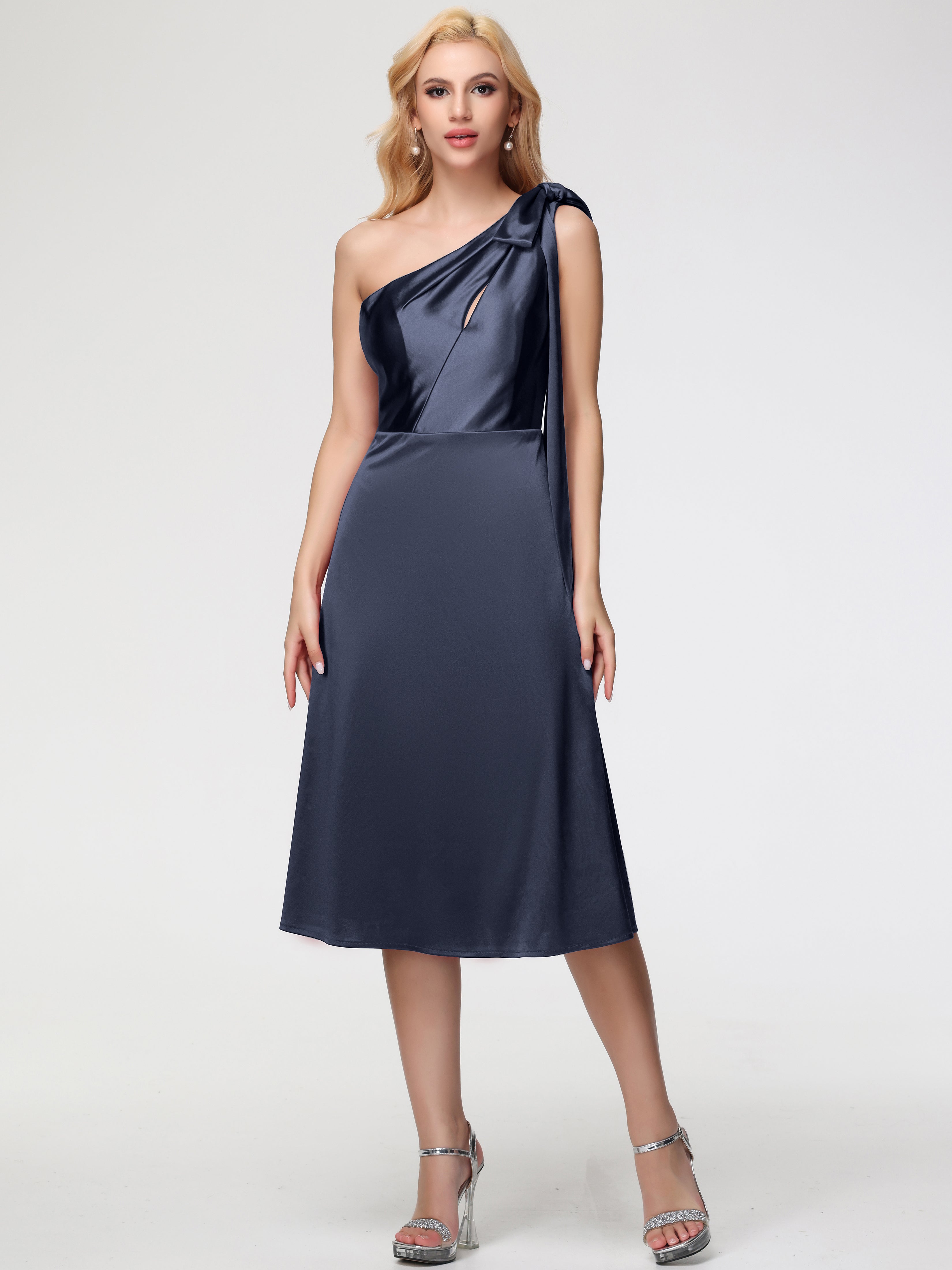 Robe De Demoiselle D Honneur Bleu Marine Seule-épaule Mi-Longue Satin Extensible Robe De Demoiselle D'Honneur