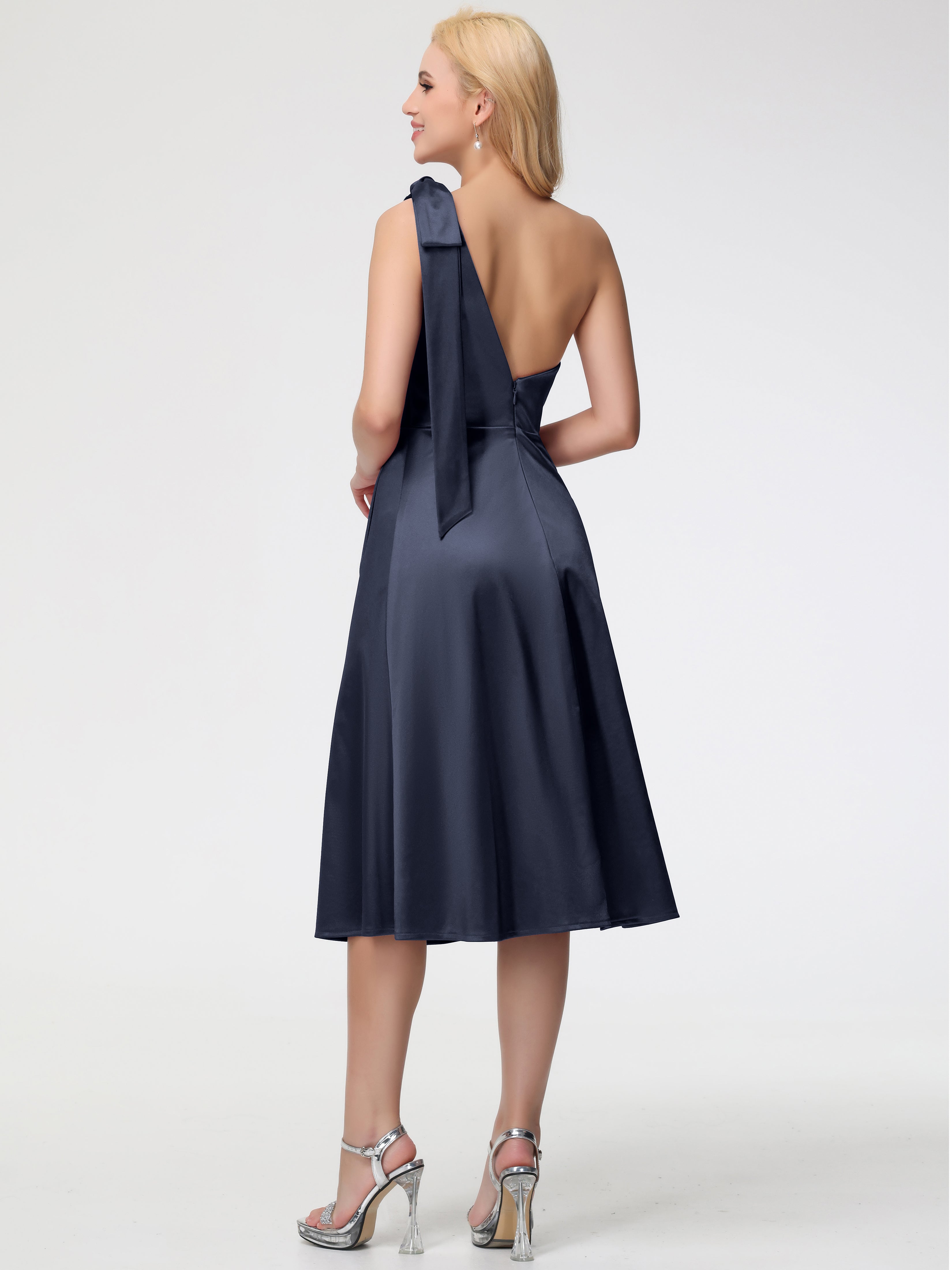 Robe De Demoiselle D Honneur Bleu Marine Seule-épaule Mi-Longue Satin Extensible Robe De Demoiselle D'Honneur