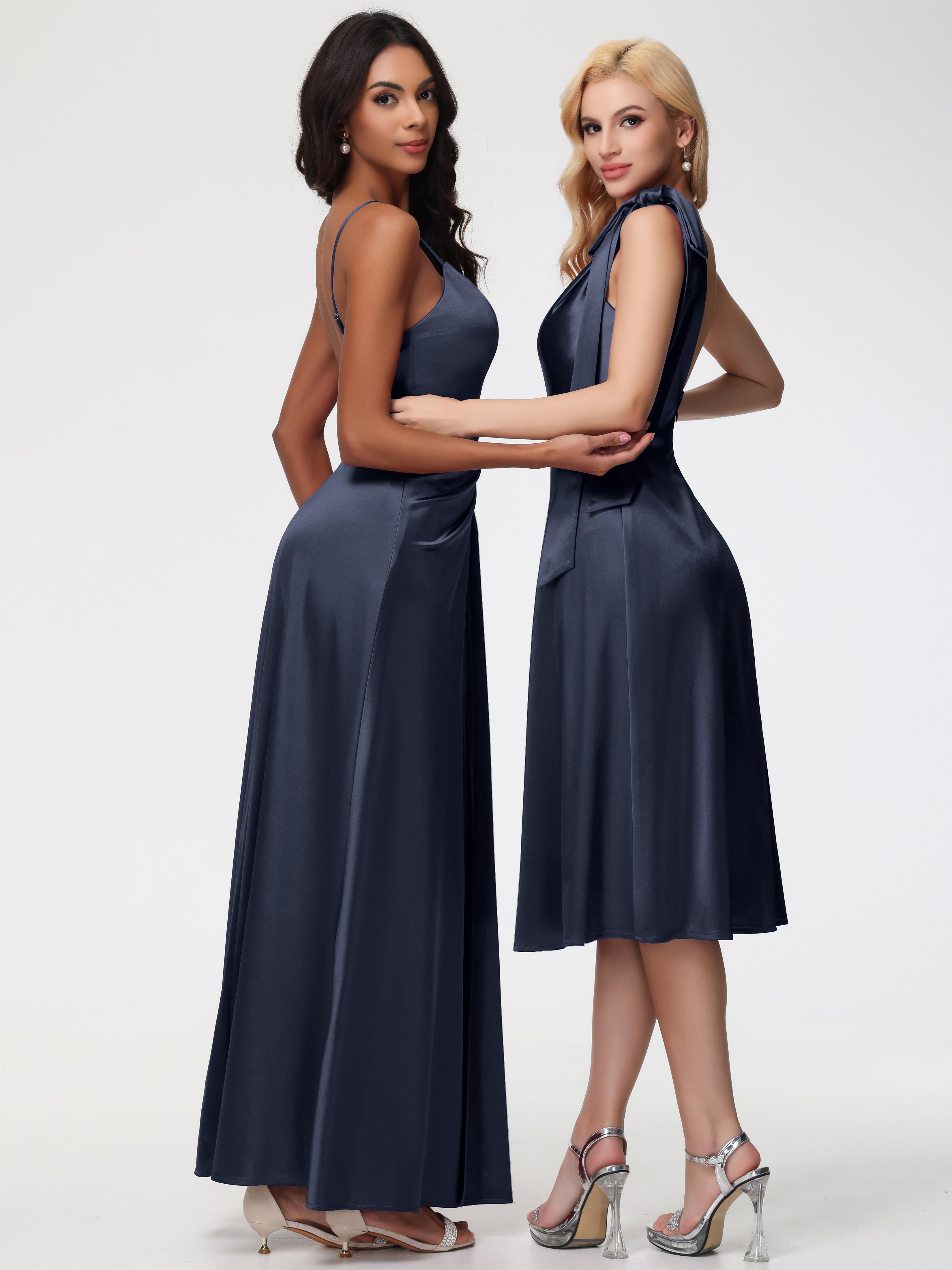 Robe De Demoiselle D Honneur Bleu Marine Seule-épaule Mi-Longue Satin Extensible Robe De Demoiselle D'Honneur