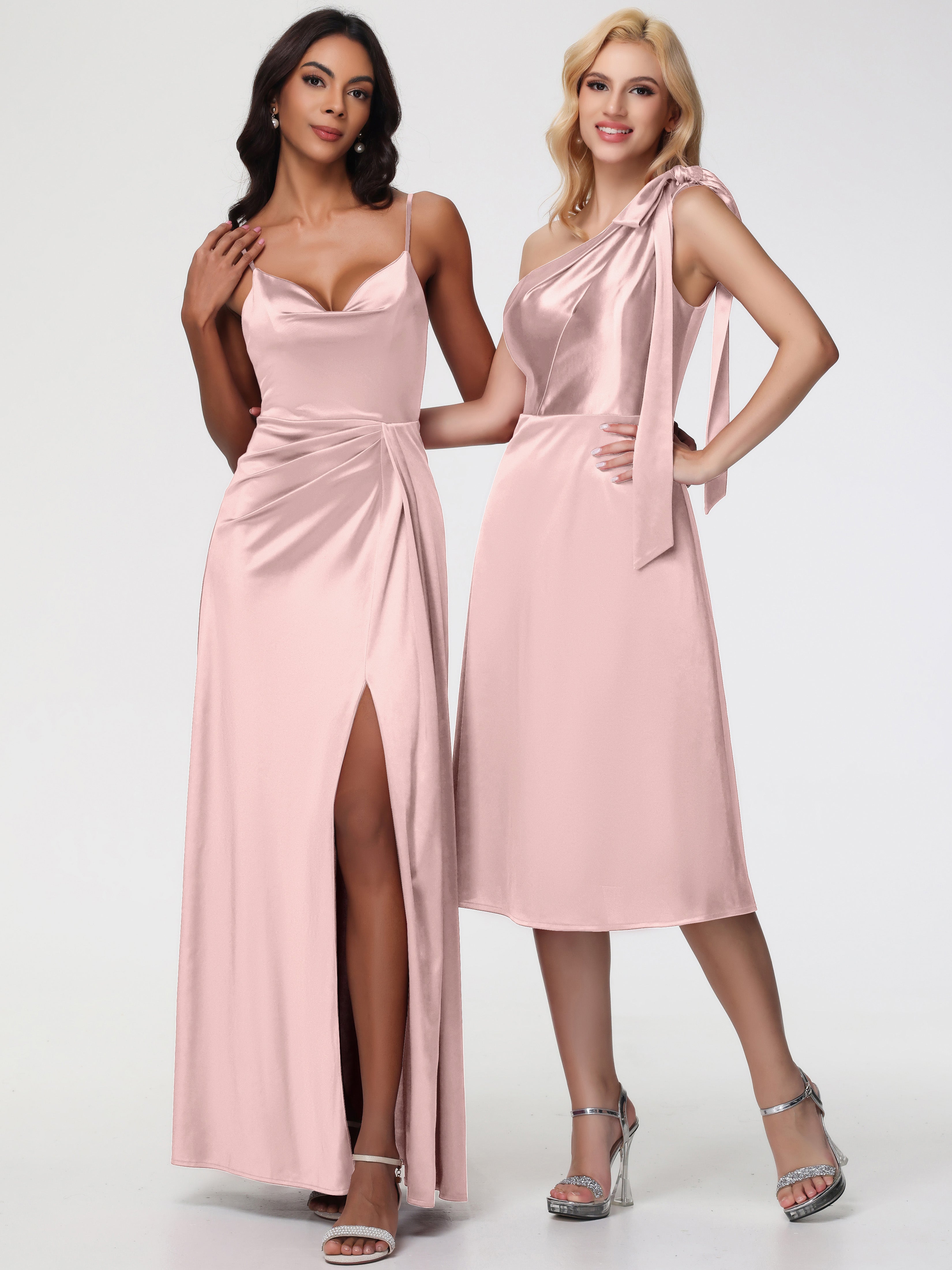 Robes De Demoiselle D'Honneur Couleur ROSE POUDRÉe Seule-épaule Mi-Longue Satin Extensible Robe De Demoiselle D'Honneur