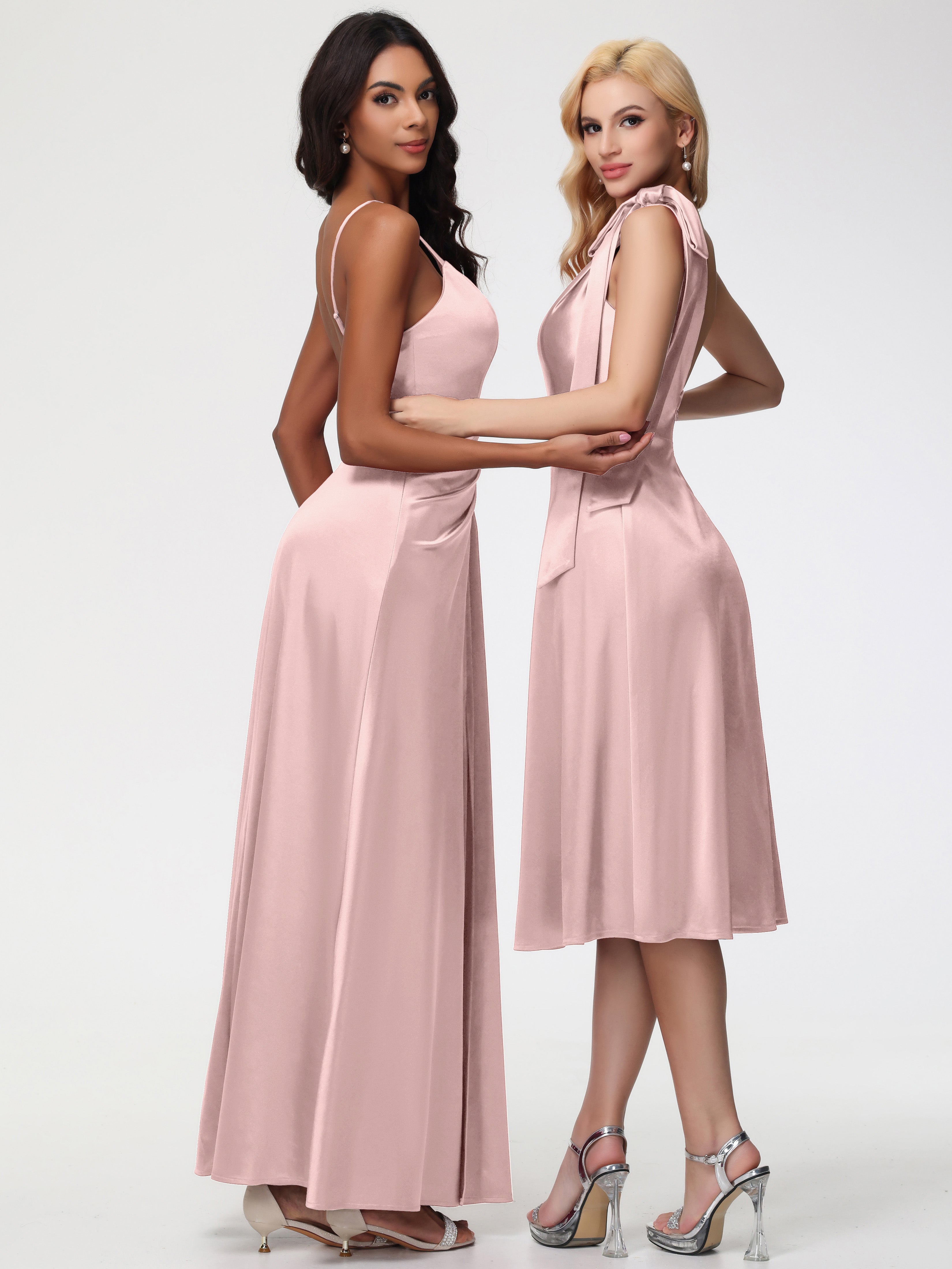 Robes De Demoiselle D'Honneur Couleur ROSE POUDRÉe Seule-épaule Mi-Longue Satin Extensible Robe De Demoiselle D'Honneur