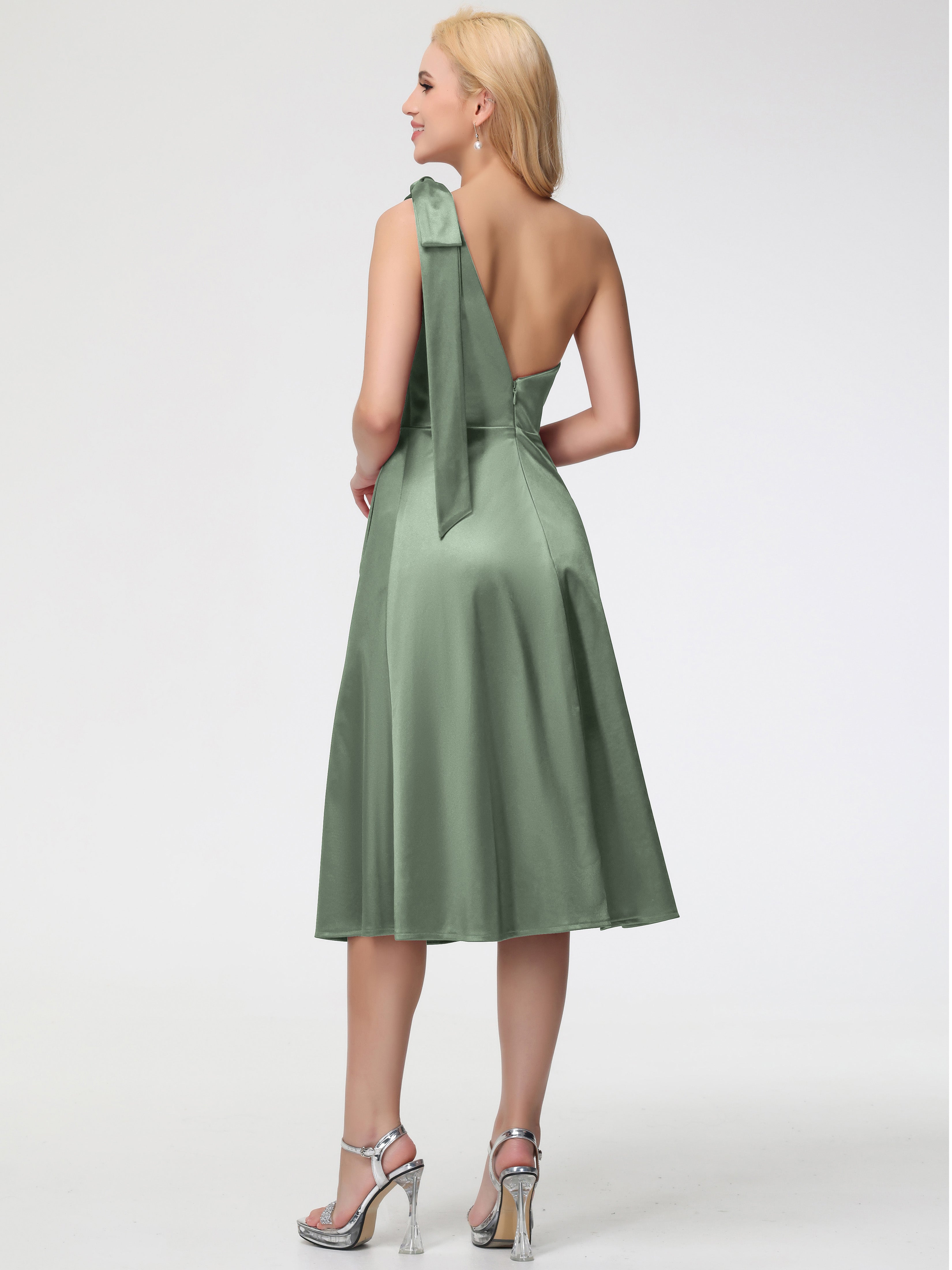 Robes De Demoiselle D'Honneur Vert Sauge Poussiéreux Seule-épaule Mi-Longue Satin Extensible Robe De Demoiselle D'Honneur