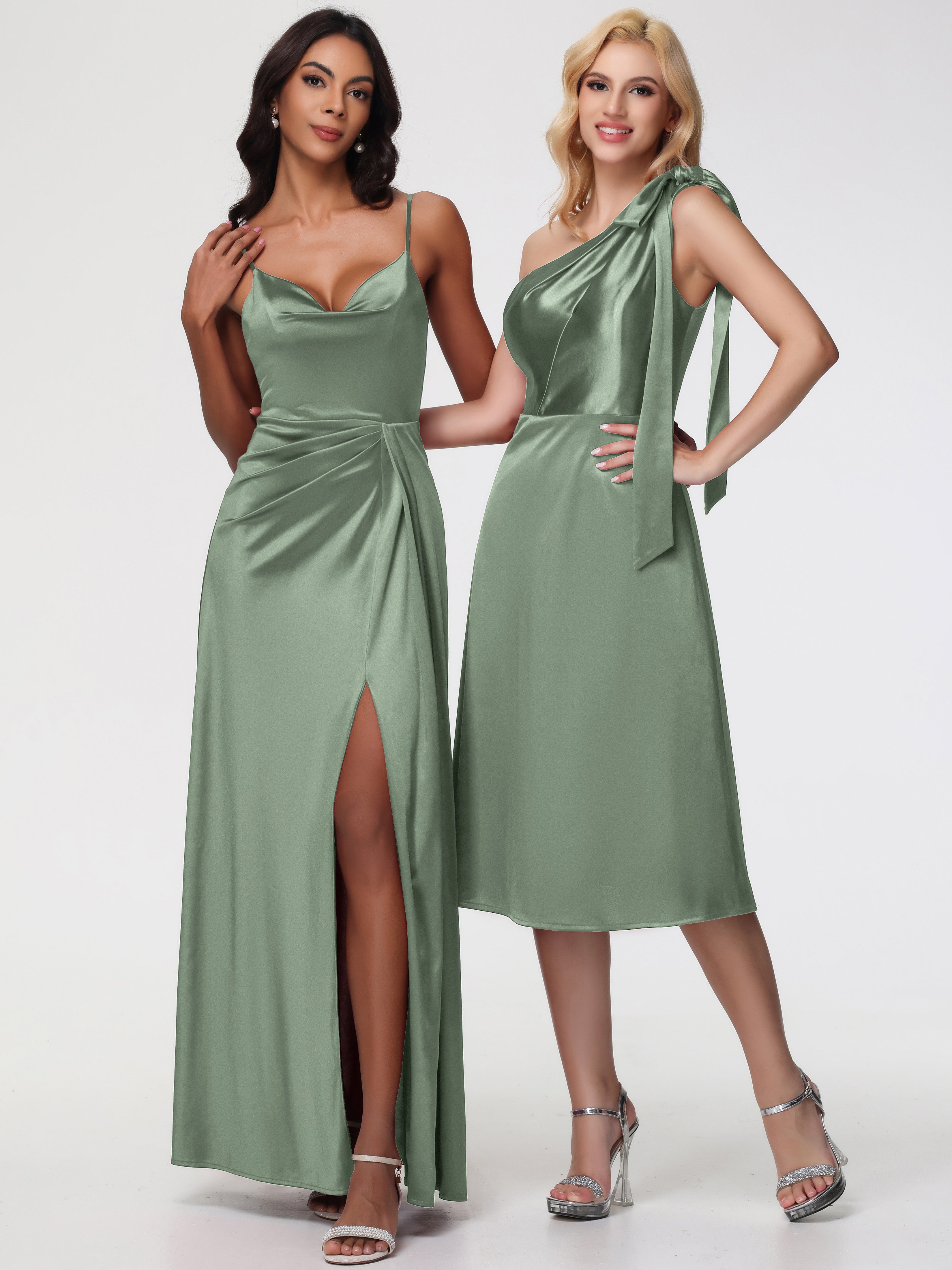 Robes De Demoiselle D'Honneur Vert Sauge Poussiéreux Seule-épaule Mi-Longue Satin Extensible Robe De Demoiselle D'Honneur