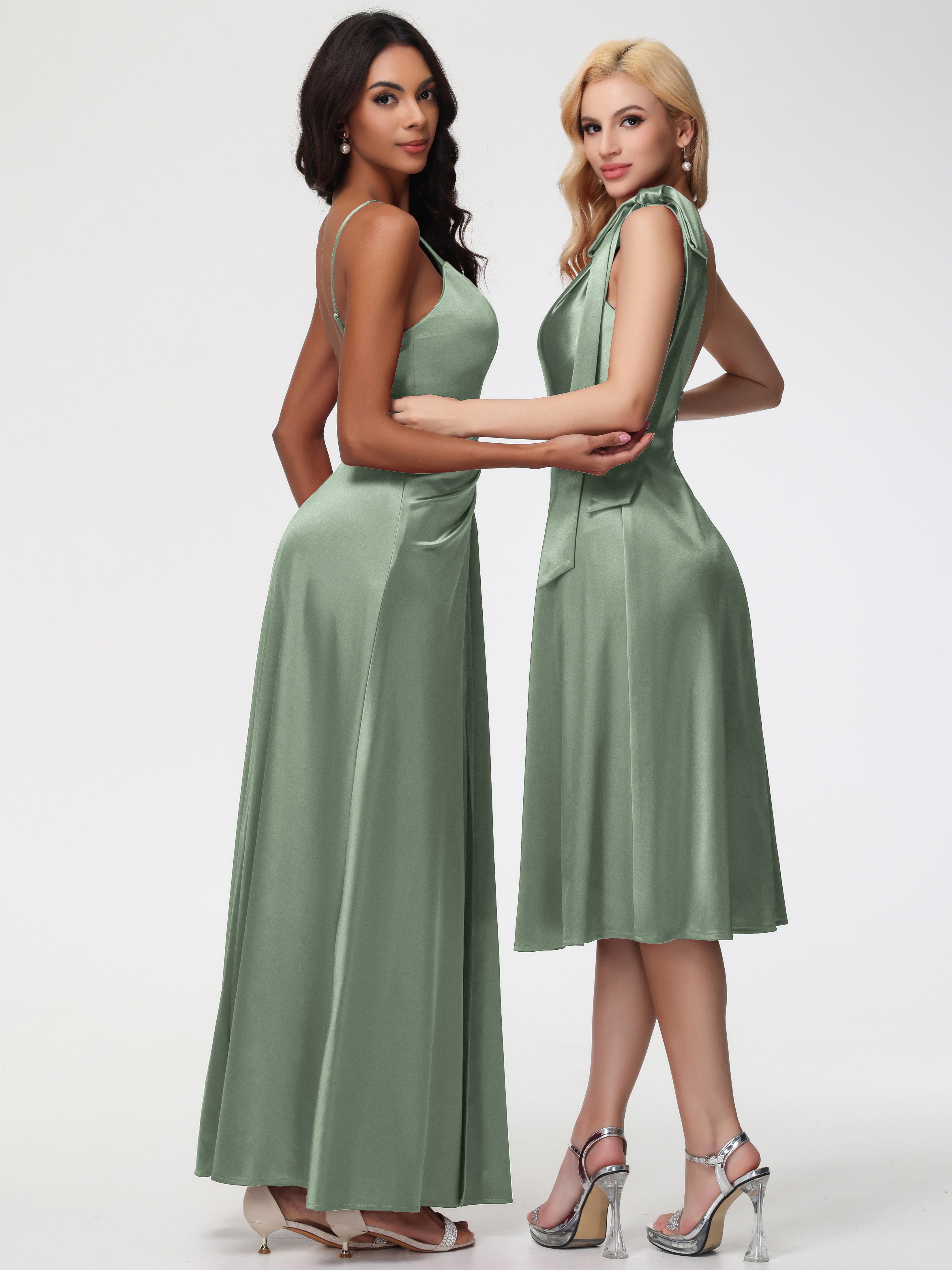 Robes De Demoiselle D'Honneur Vert Sauge Poussiéreux Seule-épaule Mi-Longue Satin Extensible Robe De Demoiselle D'Honneur
