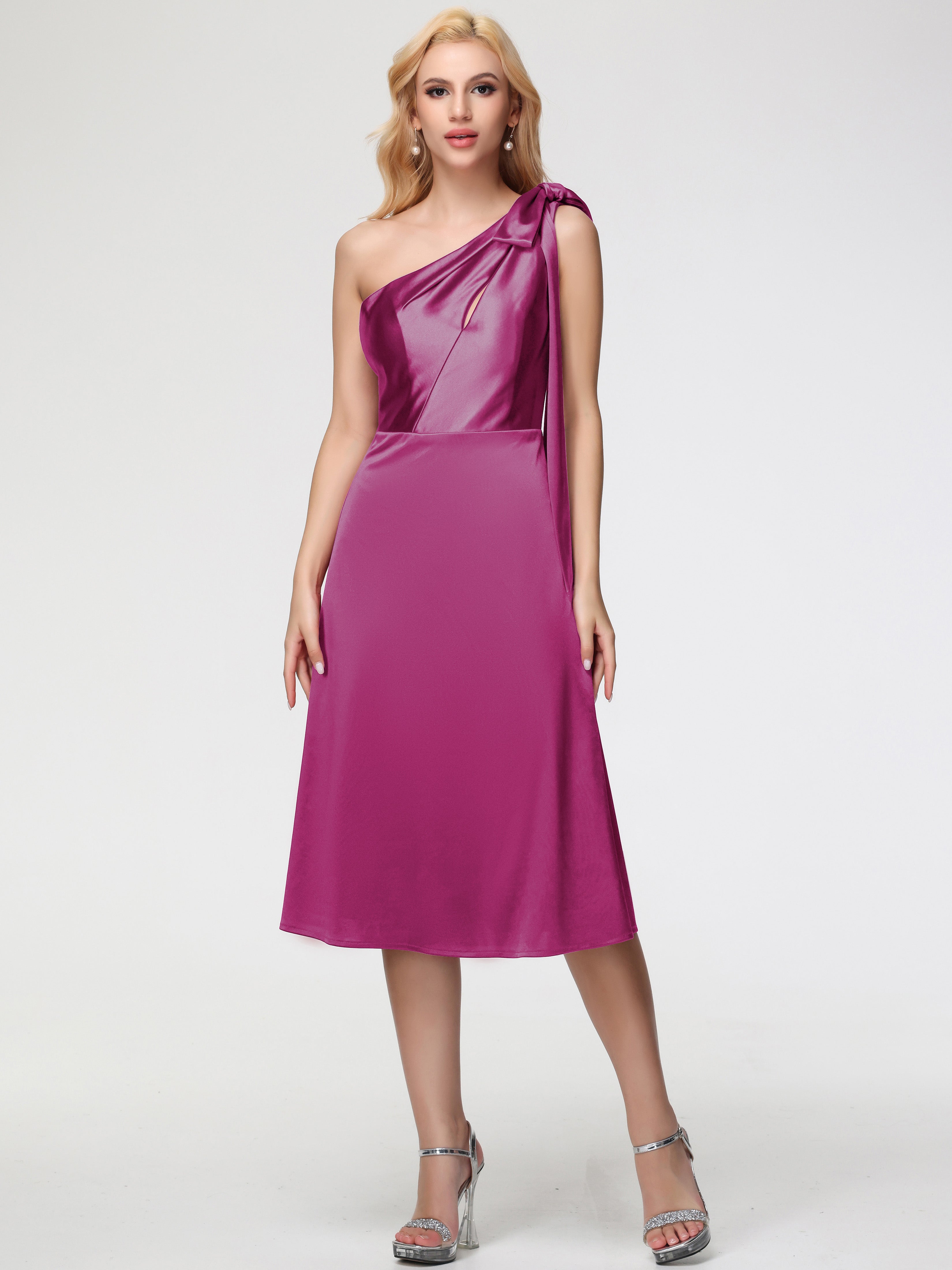 Robe De Demoiselle D Honneur Fuchsia Seule-épaule Mi-Longue Satin Extensible Robe De Demoiselle D'Honneur