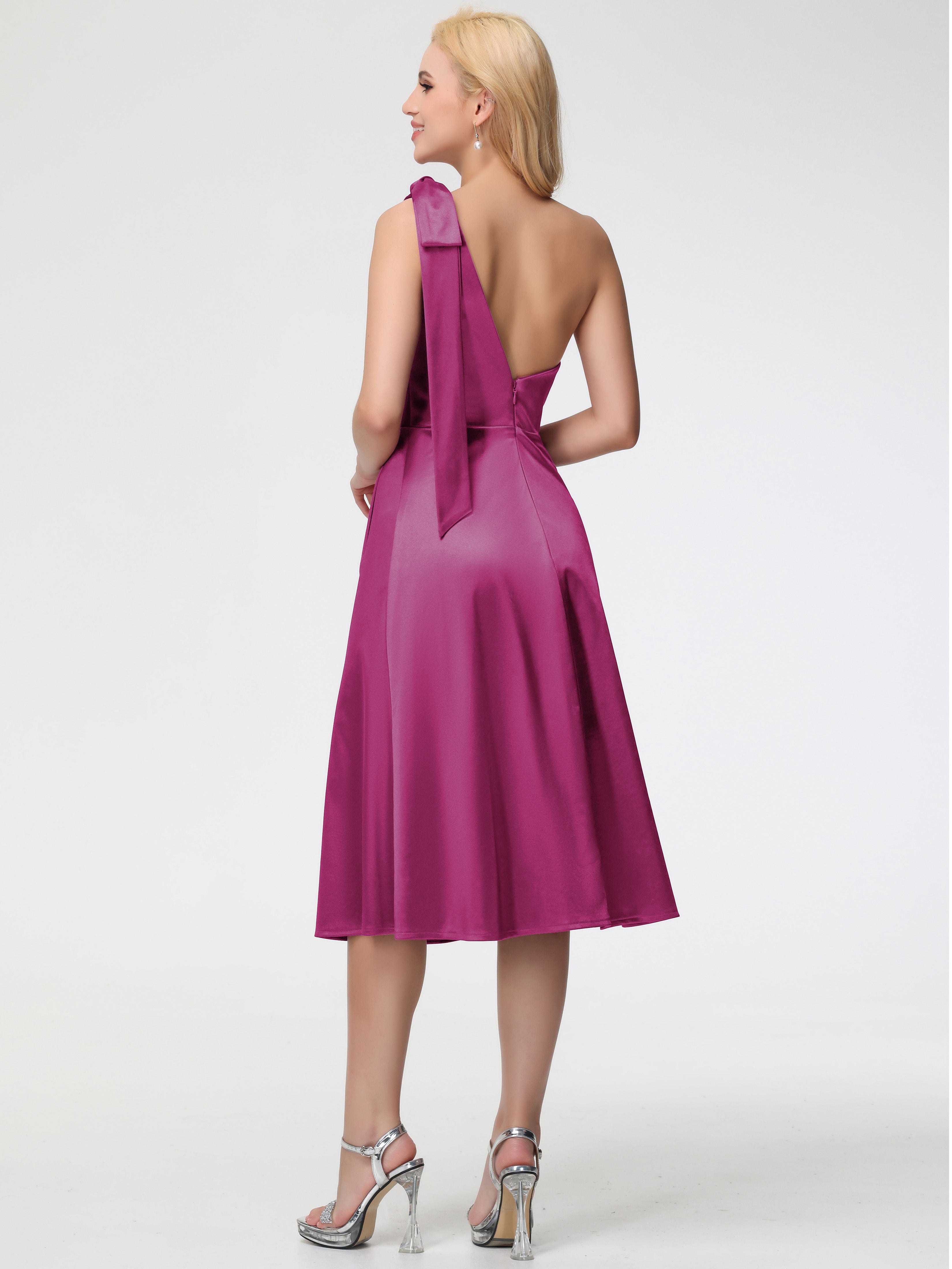 Robe De Demoiselle D Honneur Fuchsia Seule-épaule Mi-Longue Satin Extensible Robe De Demoiselle D'Honneur