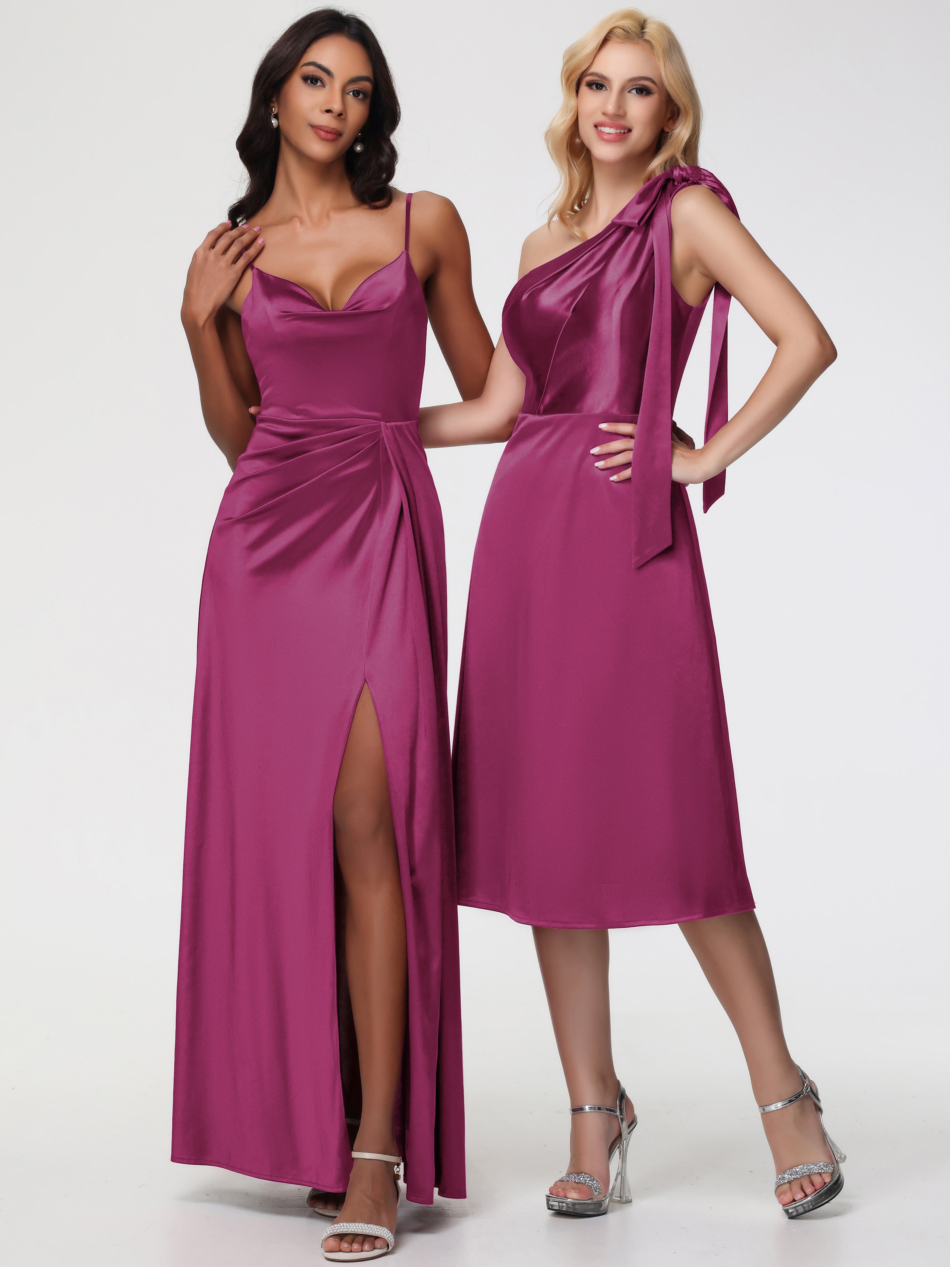 Robe De Demoiselle D Honneur Fuchsia Seule-épaule Mi-Longue Satin Extensible Robe De Demoiselle D'Honneur