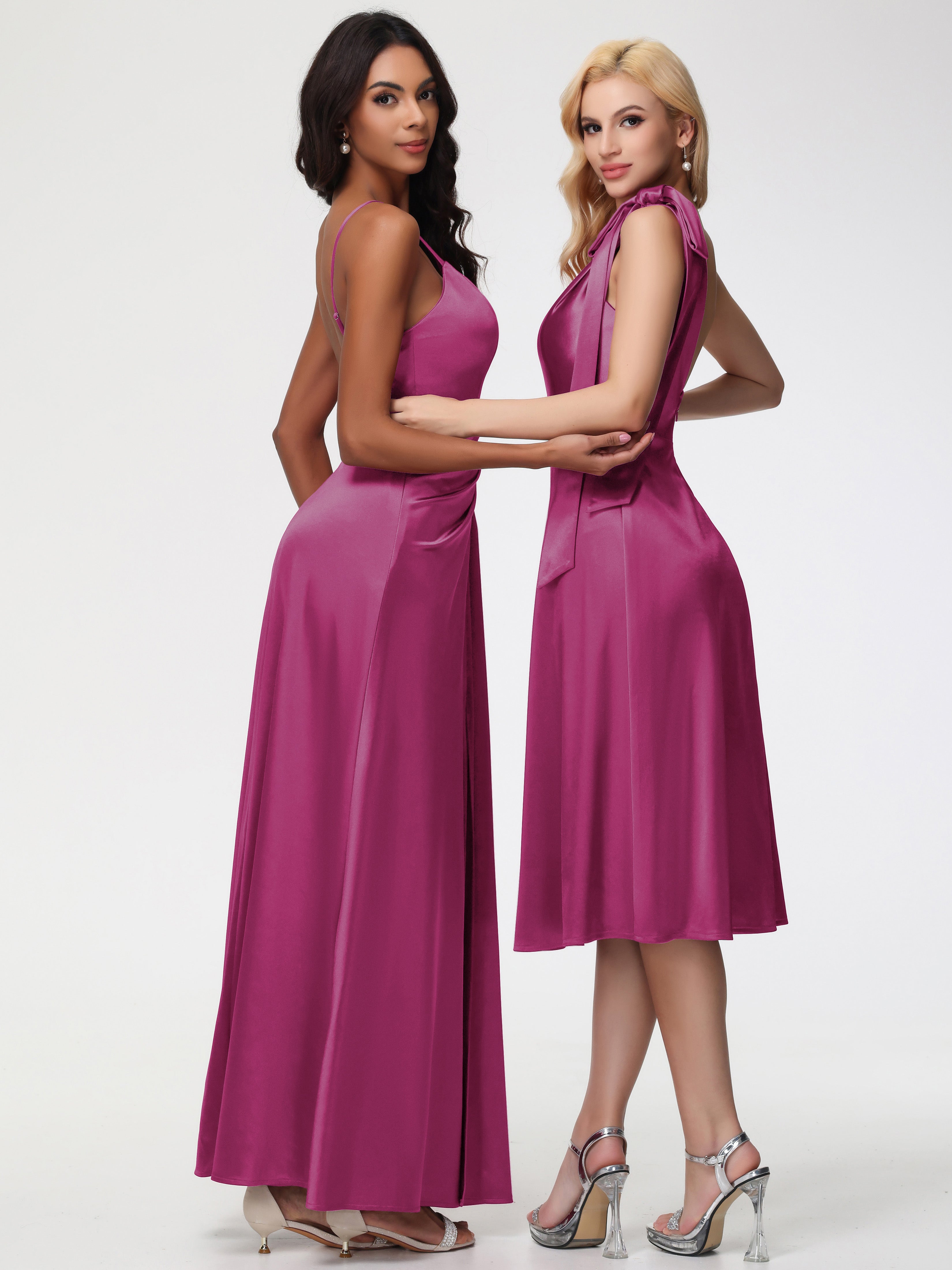 Robe De Demoiselle D Honneur Fuchsia Seule-épaule Mi-Longue Satin Extensible Robe De Demoiselle D'Honneur