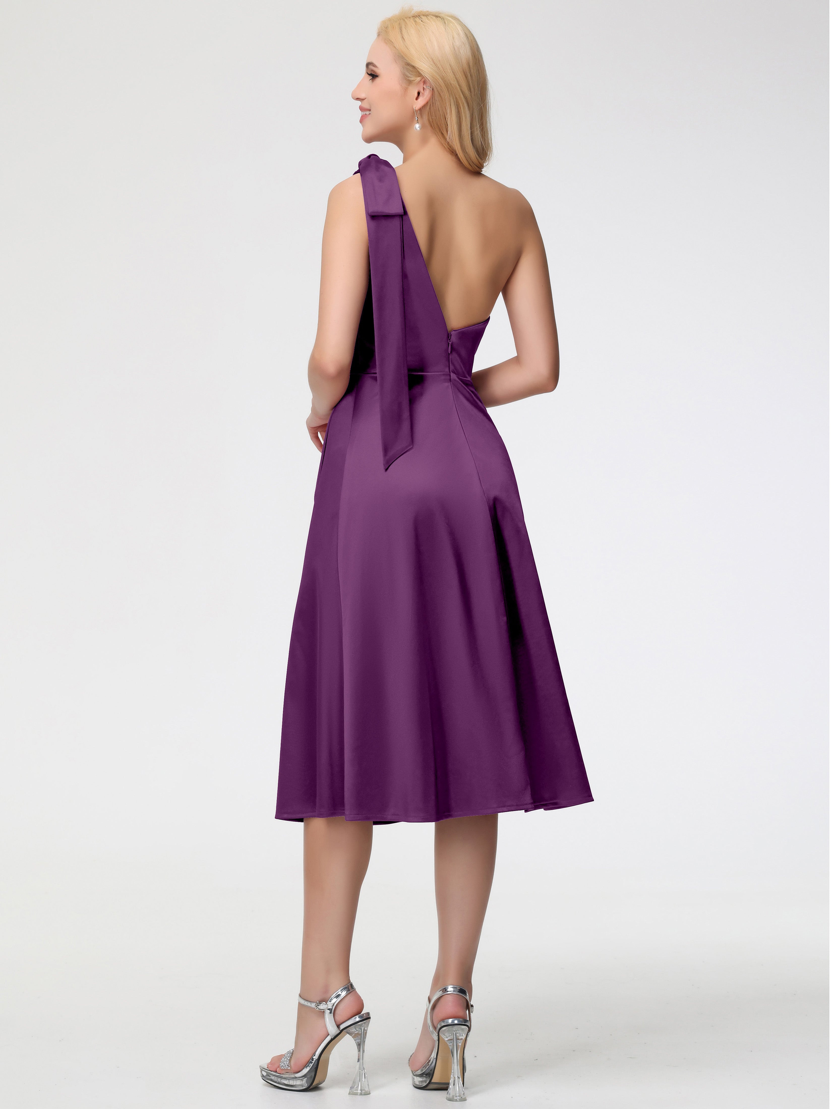Robes De Demoiselle D'Honneur Raisin Seule-épaule Mi-Longue Satin Extensible Robe De Demoiselle D'Honneur