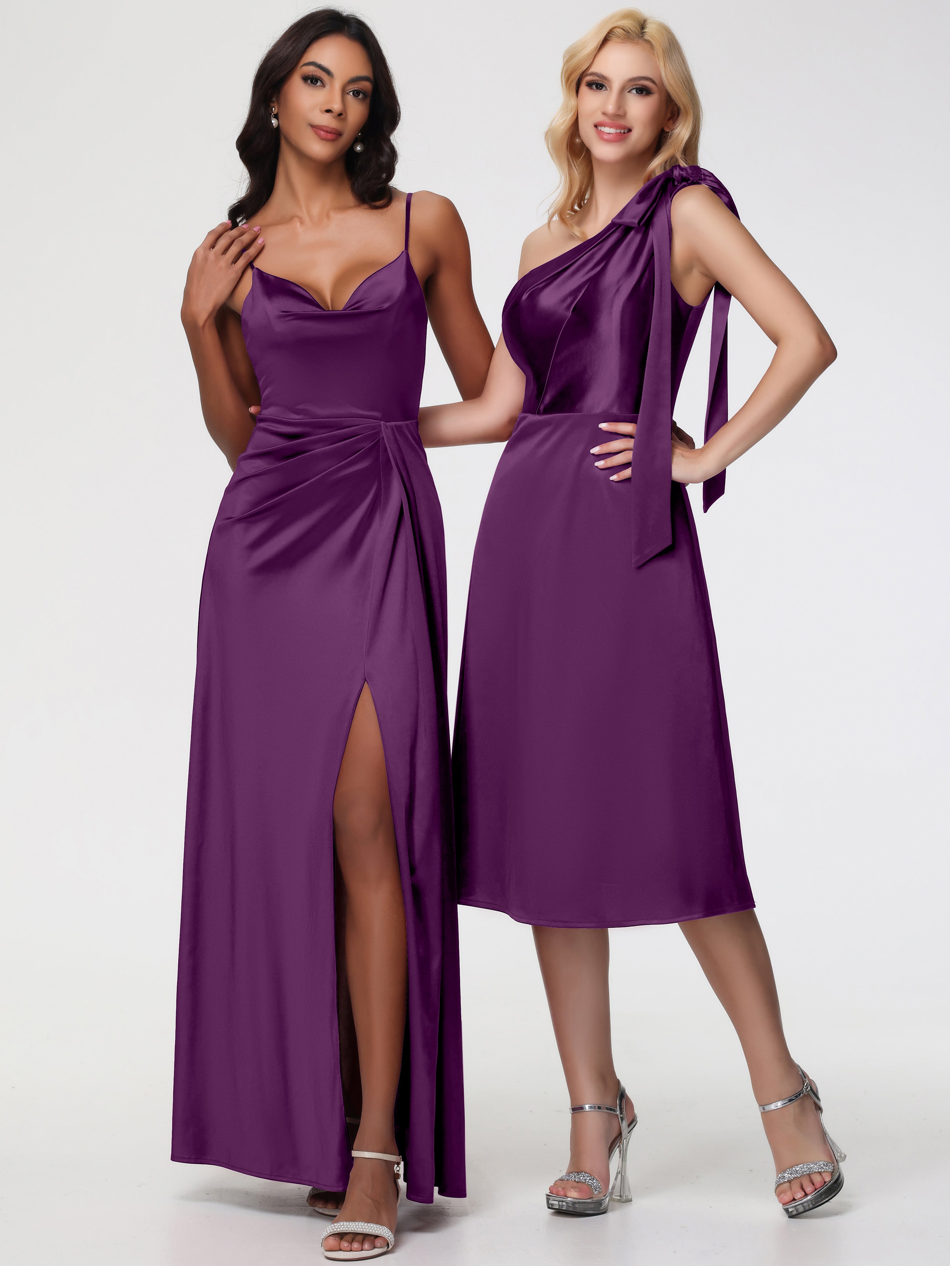 Robes De Demoiselle D'Honneur Raisin Seule-épaule Mi-Longue Satin Extensible Robe De Demoiselle D'Honneur