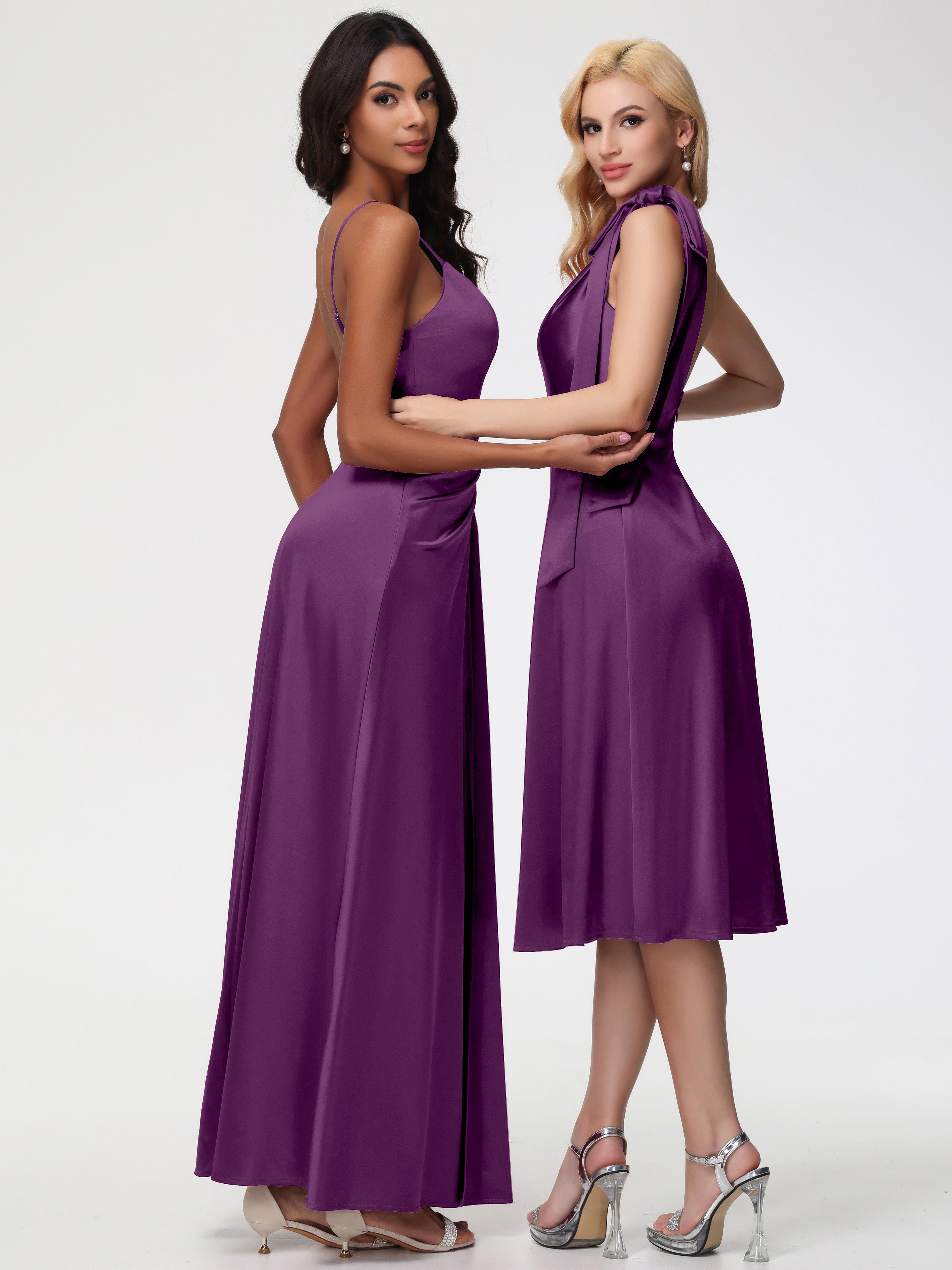 Robes De Demoiselle D'Honneur Raisin Seule-épaule Mi-Longue Satin Extensible Robe De Demoiselle D'Honneur