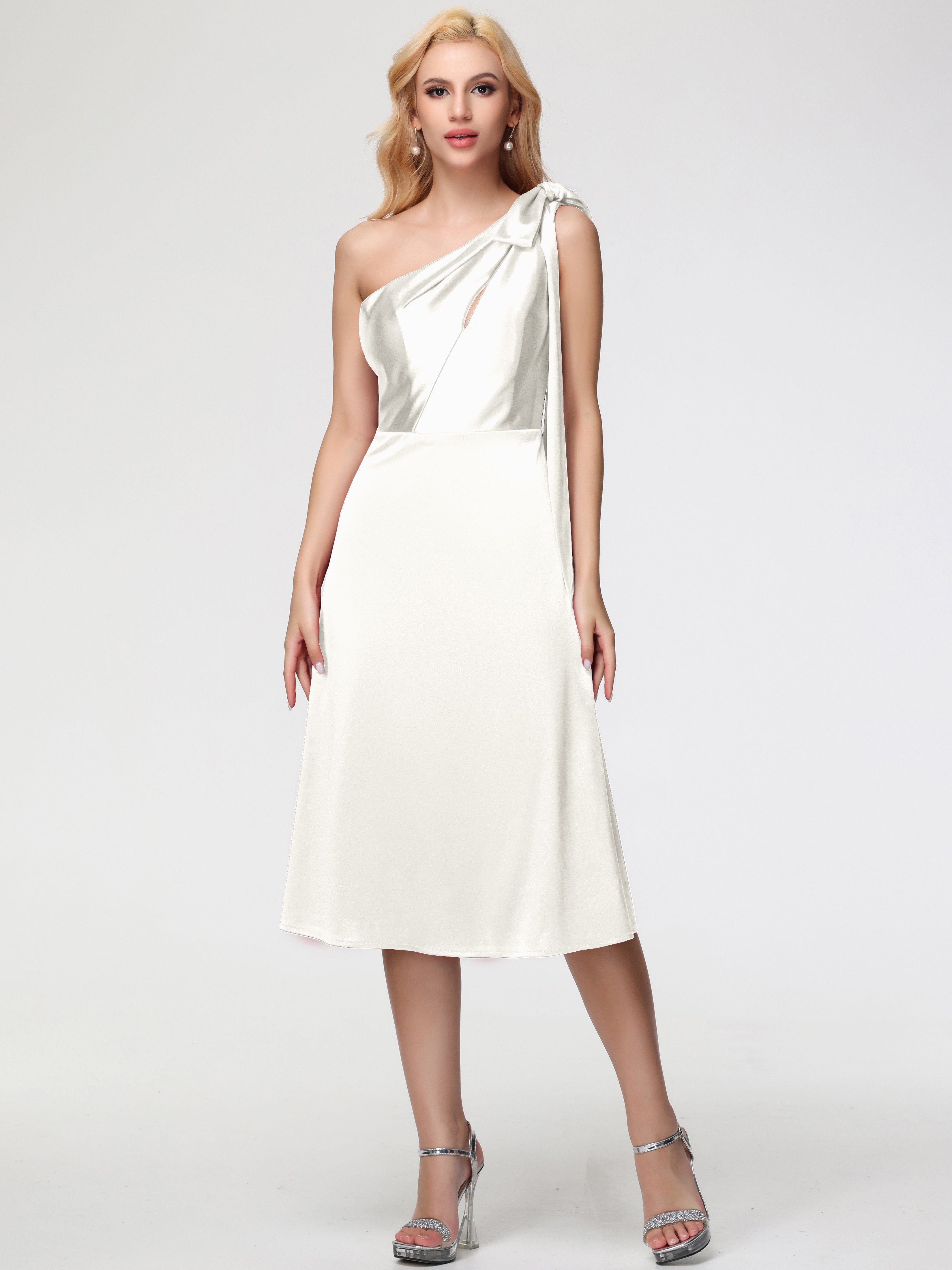 Robe Demoiselle D Honneur Ivoire Seule-épaule Mi-Longue Satin Extensible Robe De Demoiselle D'Honneur