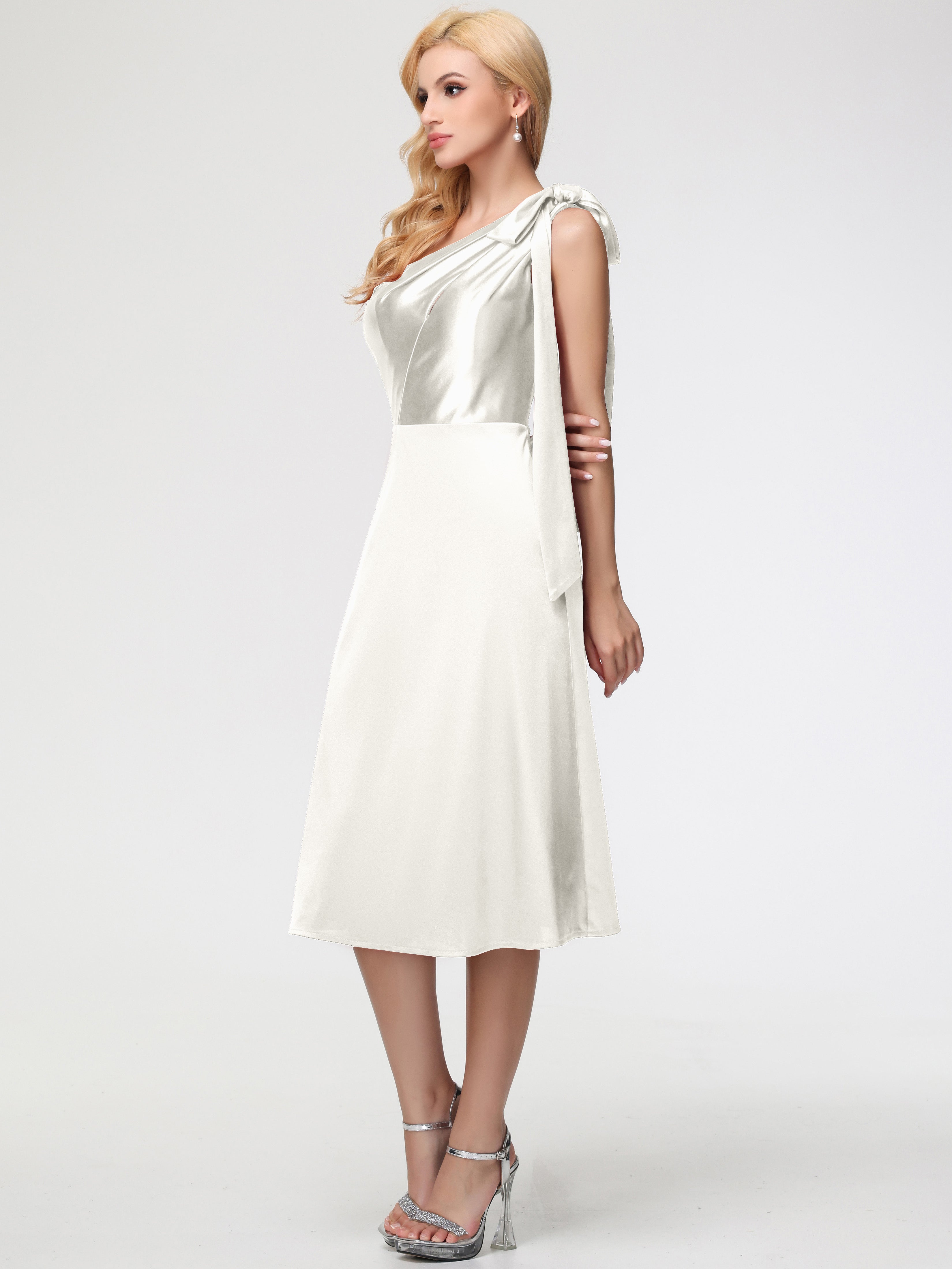 Robe Demoiselle D Honneur Ivoire Seule-épaule Mi-Longue Satin Extensible Robe De Demoiselle D'Honneur