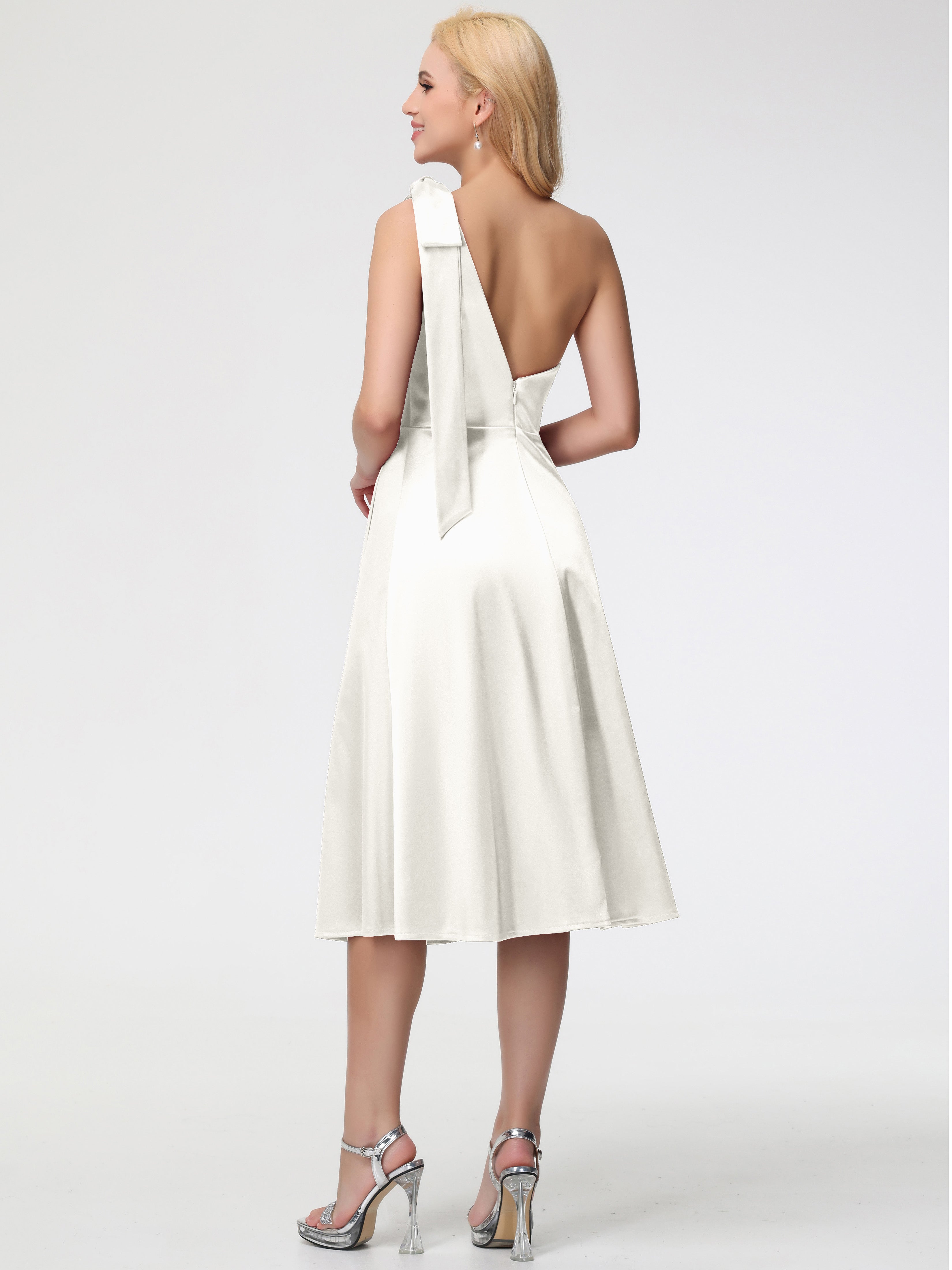 Robe Demoiselle D Honneur Ivoire Seule-épaule Mi-Longue Satin Extensible Robe De Demoiselle D'Honneur