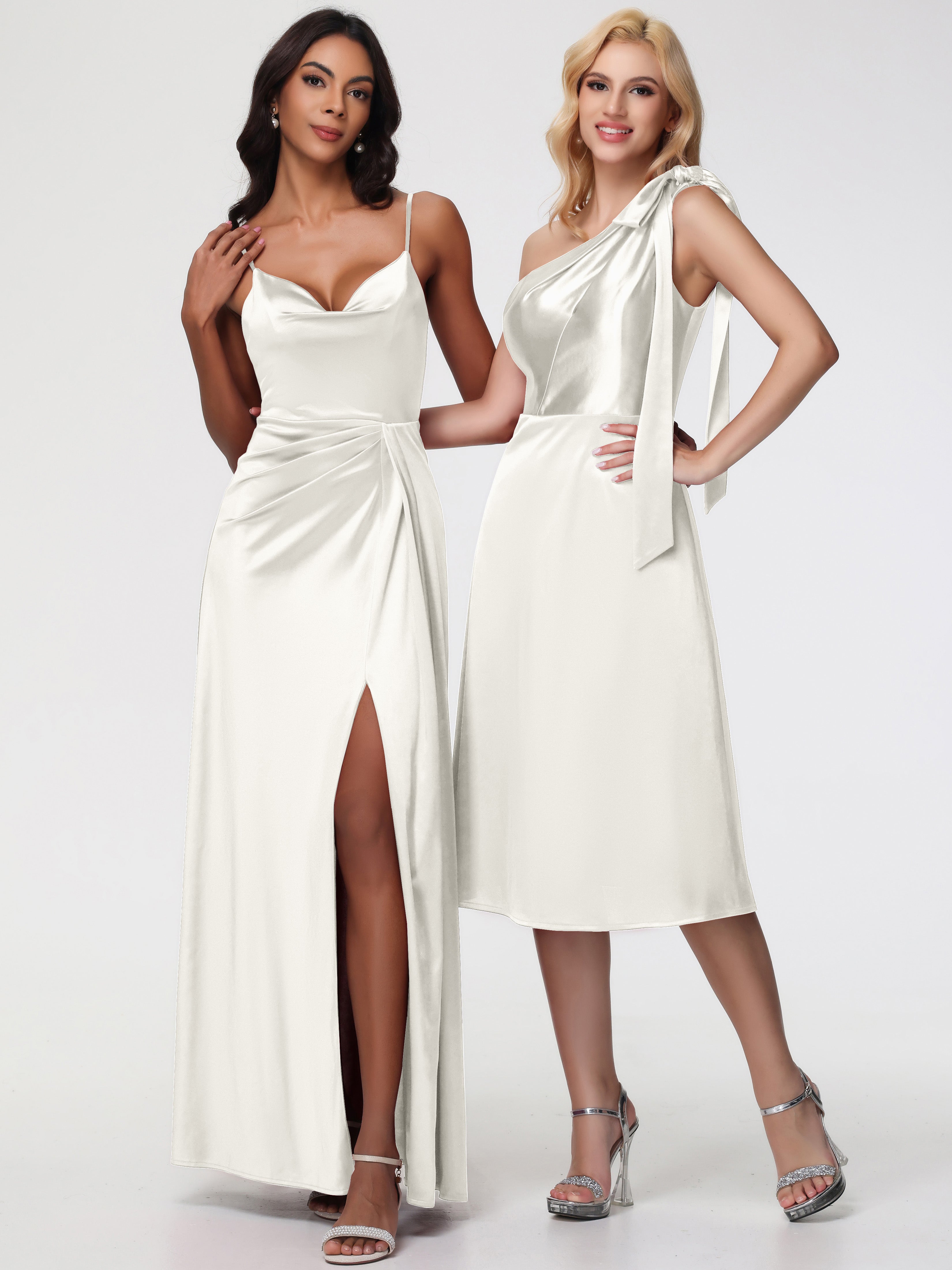 Robe Demoiselle D Honneur Ivoire Seule-épaule Mi-Longue Satin Extensible Robe De Demoiselle D'Honneur