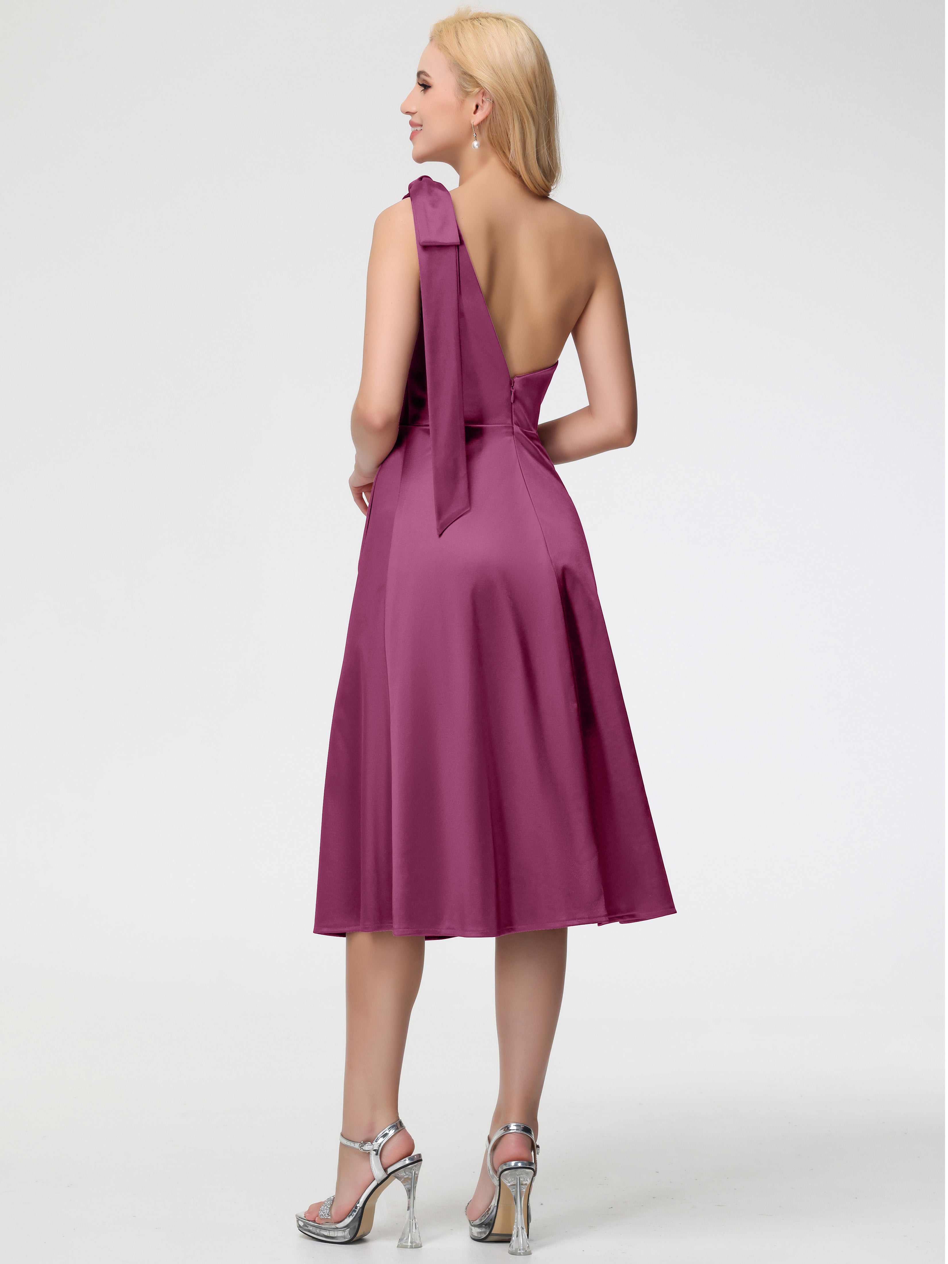 Robes De Demoiselle D'Honneur Mure Seule-épaule Mi-Longue Satin Extensible Robe De Demoiselle D'Honneur