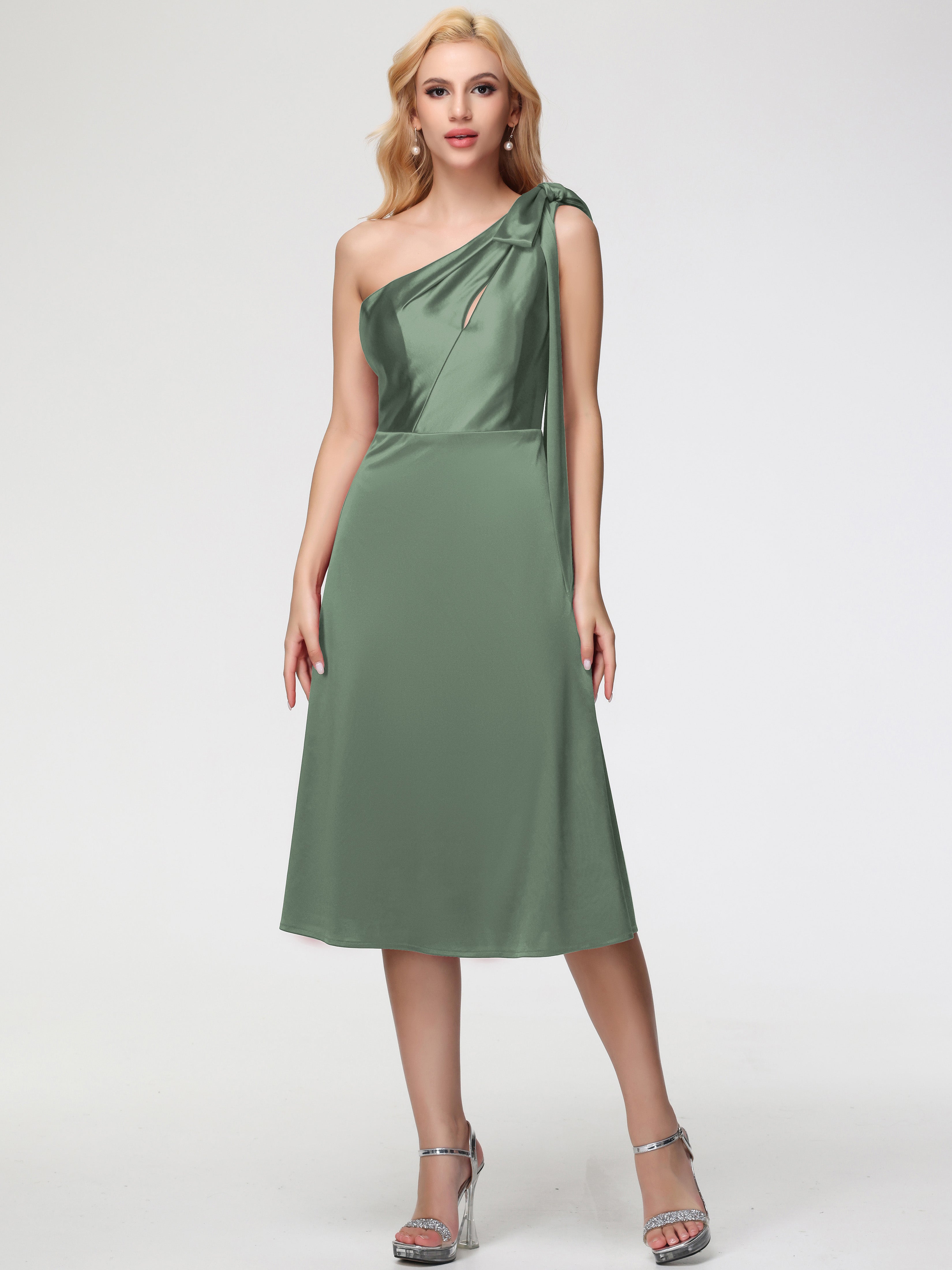 Robe De Demoiselle D Honneur Vert Olive Seule-épaule Mi-Longue Satin Extensible Robe De Demoiselle D'Honneur