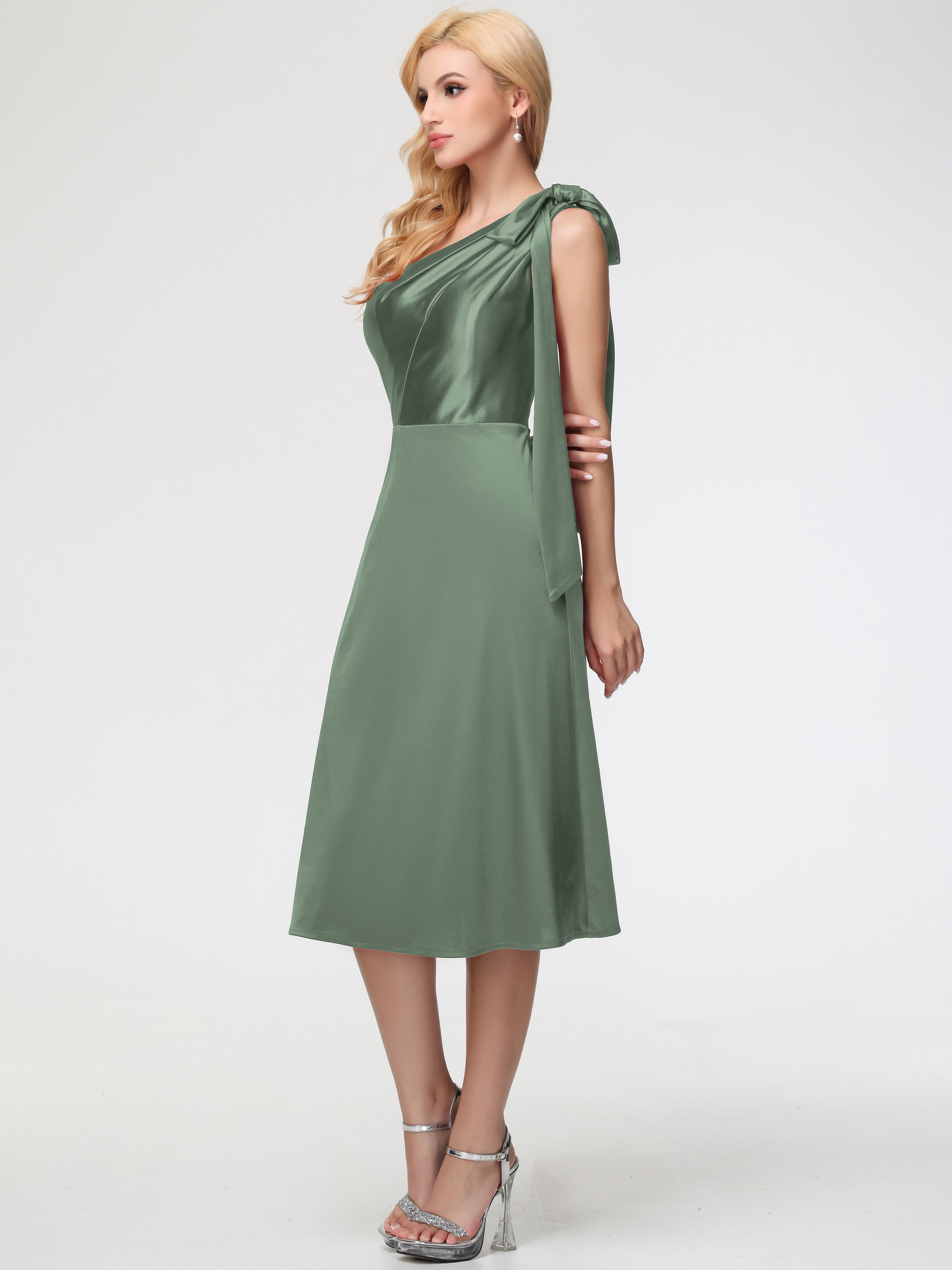 Robe De Demoiselle D Honneur Vert Olive Seule-épaule Mi-Longue Satin Extensible Robe De Demoiselle D'Honneur