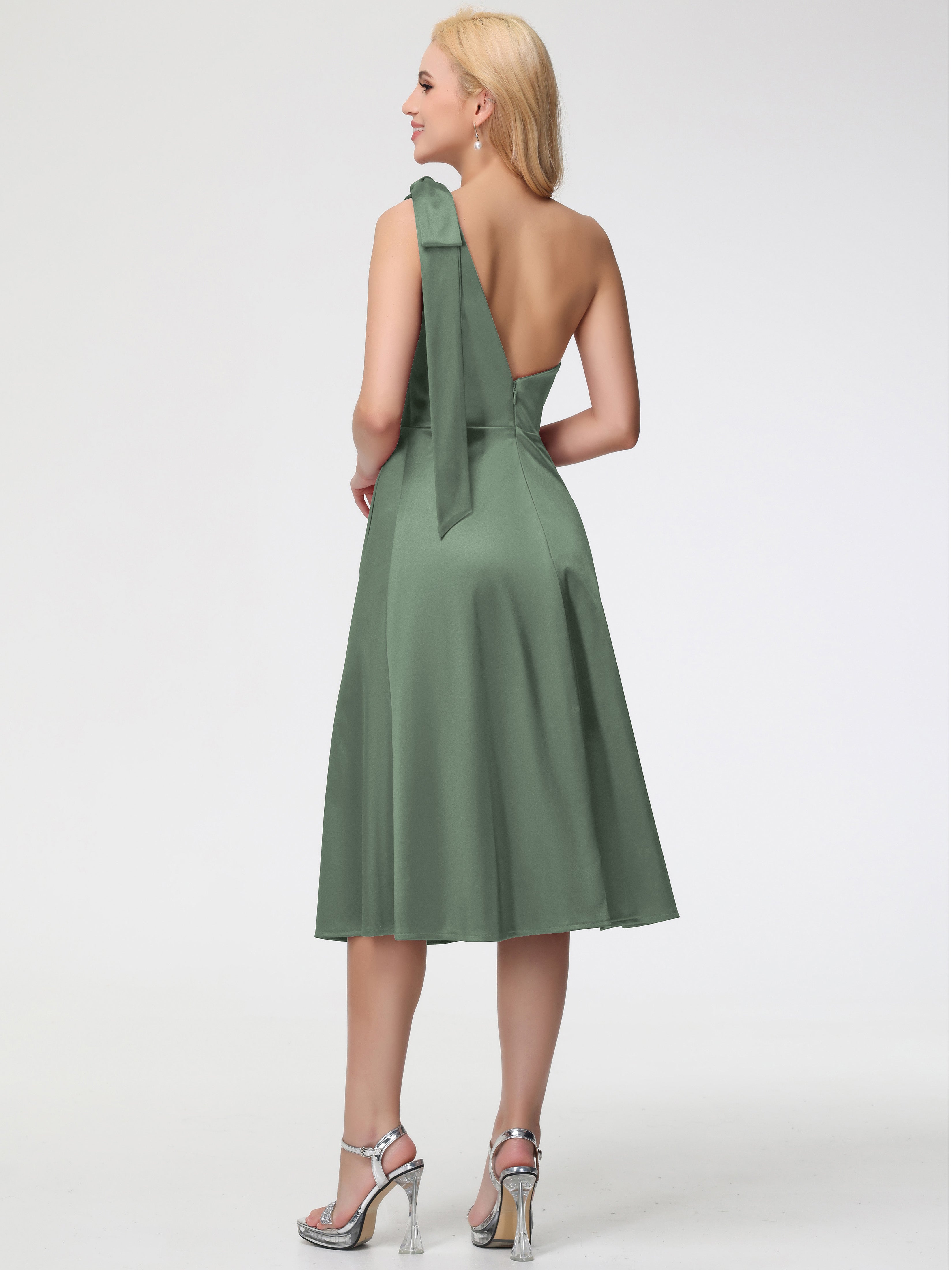 Robe De Demoiselle D Honneur Vert Olive Seule-épaule Mi-Longue Satin Extensible Robe De Demoiselle D'Honneur