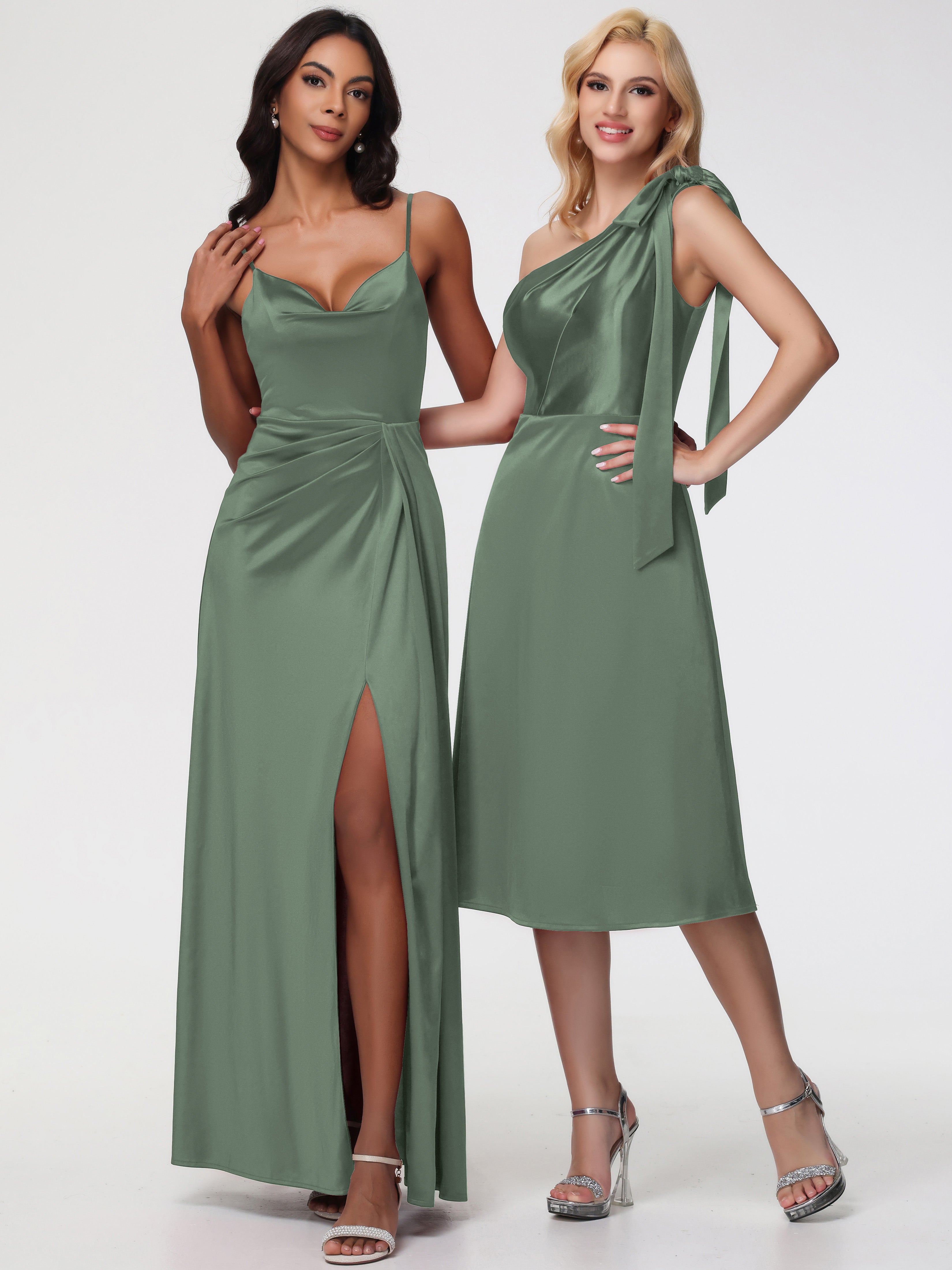 Robe De Demoiselle D Honneur Vert Olive Seule-épaule Mi-Longue Satin Extensible Robe De Demoiselle D'Honneur