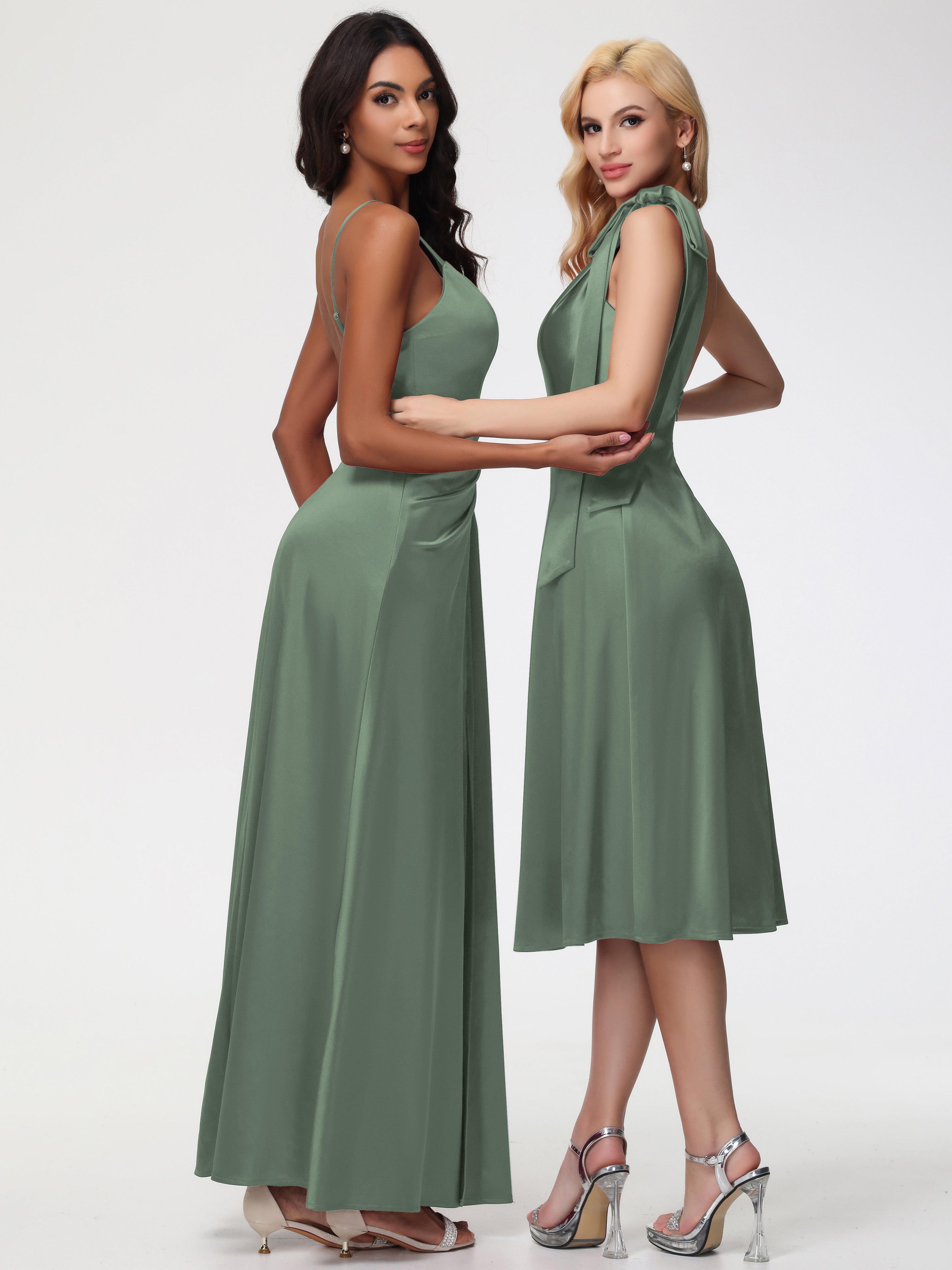 Robe De Demoiselle D Honneur Vert Olive Seule-épaule Mi-Longue Satin Extensible Robe De Demoiselle D'Honneur
