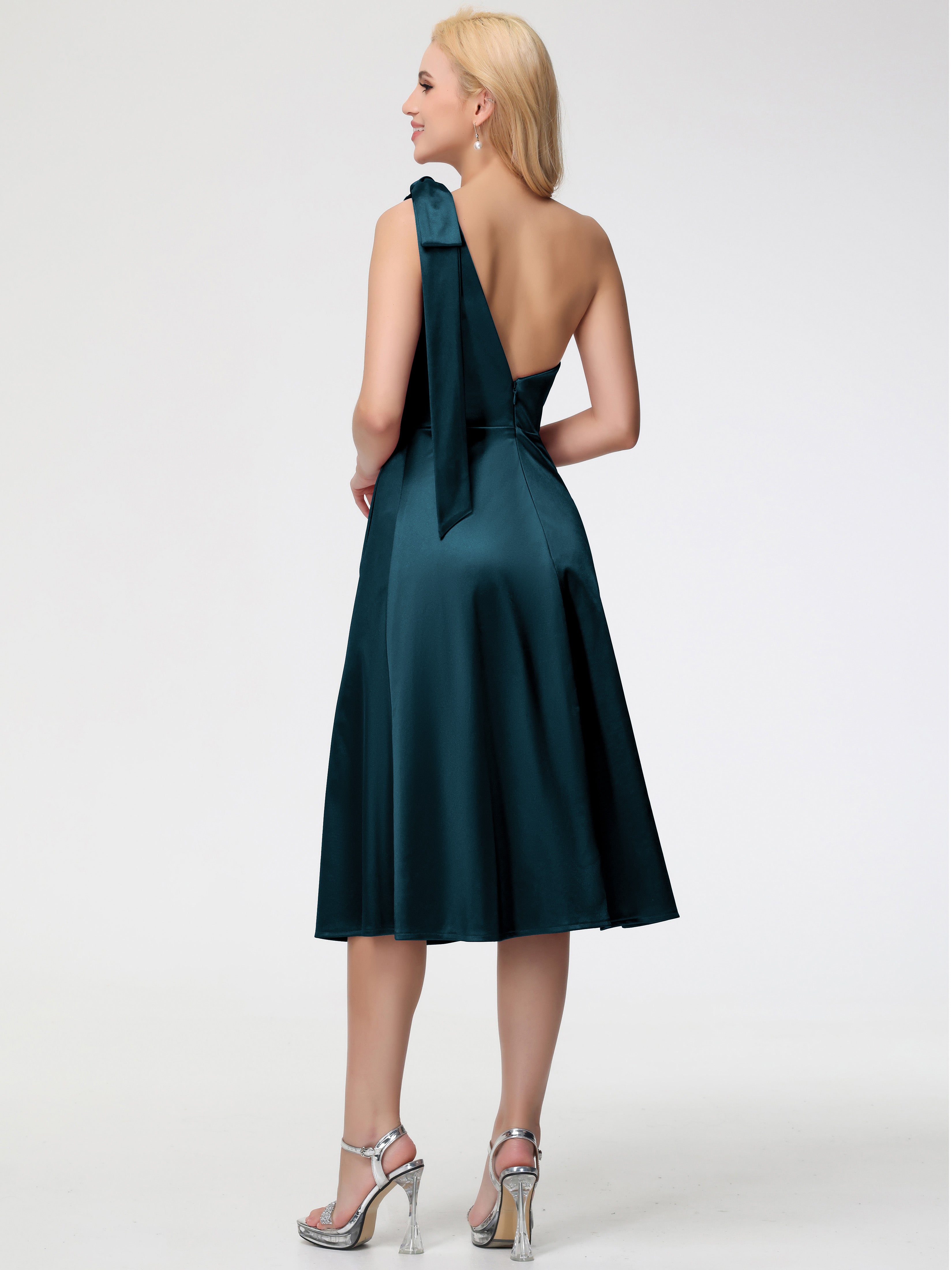Robes De Demoiselle D'Honneur Couleur Paon Seule-épaule Mi-Longue Satin Extensible Robe De Demoiselle D'Honneur