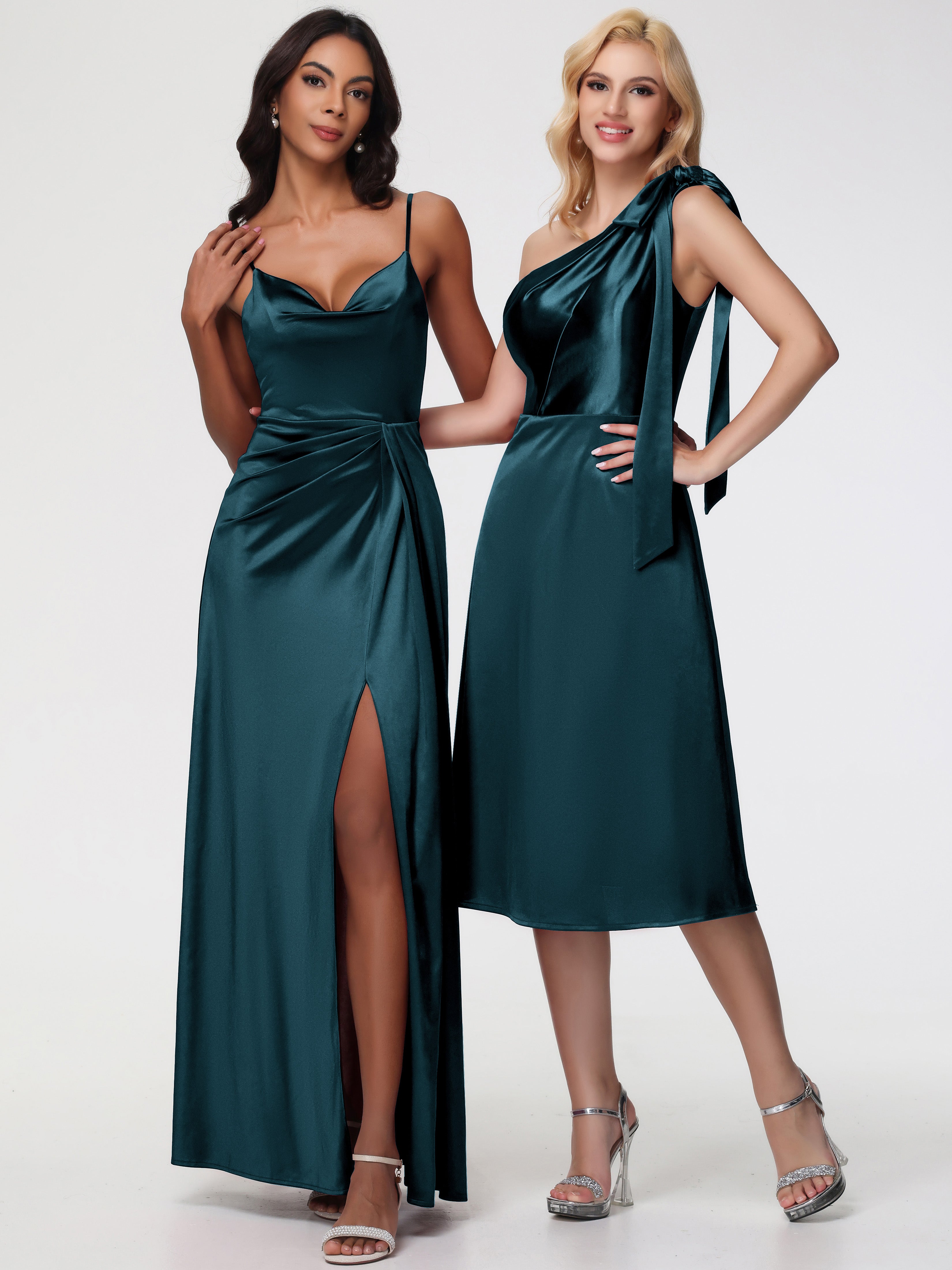 Robes De Demoiselle D'Honneur Couleur Paon Seule-épaule Mi-Longue Satin Extensible Robe De Demoiselle D'Honneur