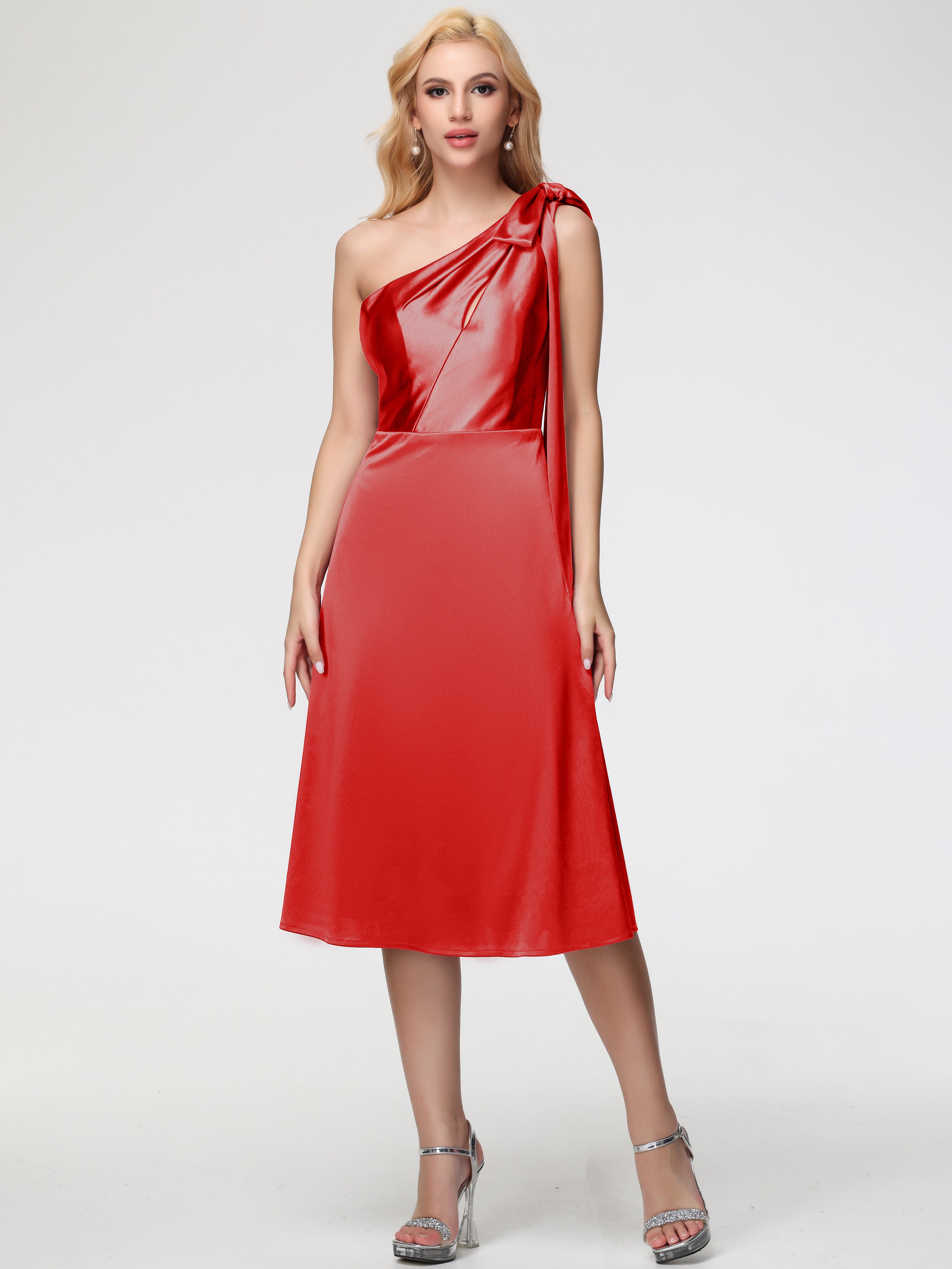 Robe Rouge Demoiselle D Honneur Pas Cher Seule-épaule Mi-Longue Satin Extensible Robe De Demoiselle D'Honneur
