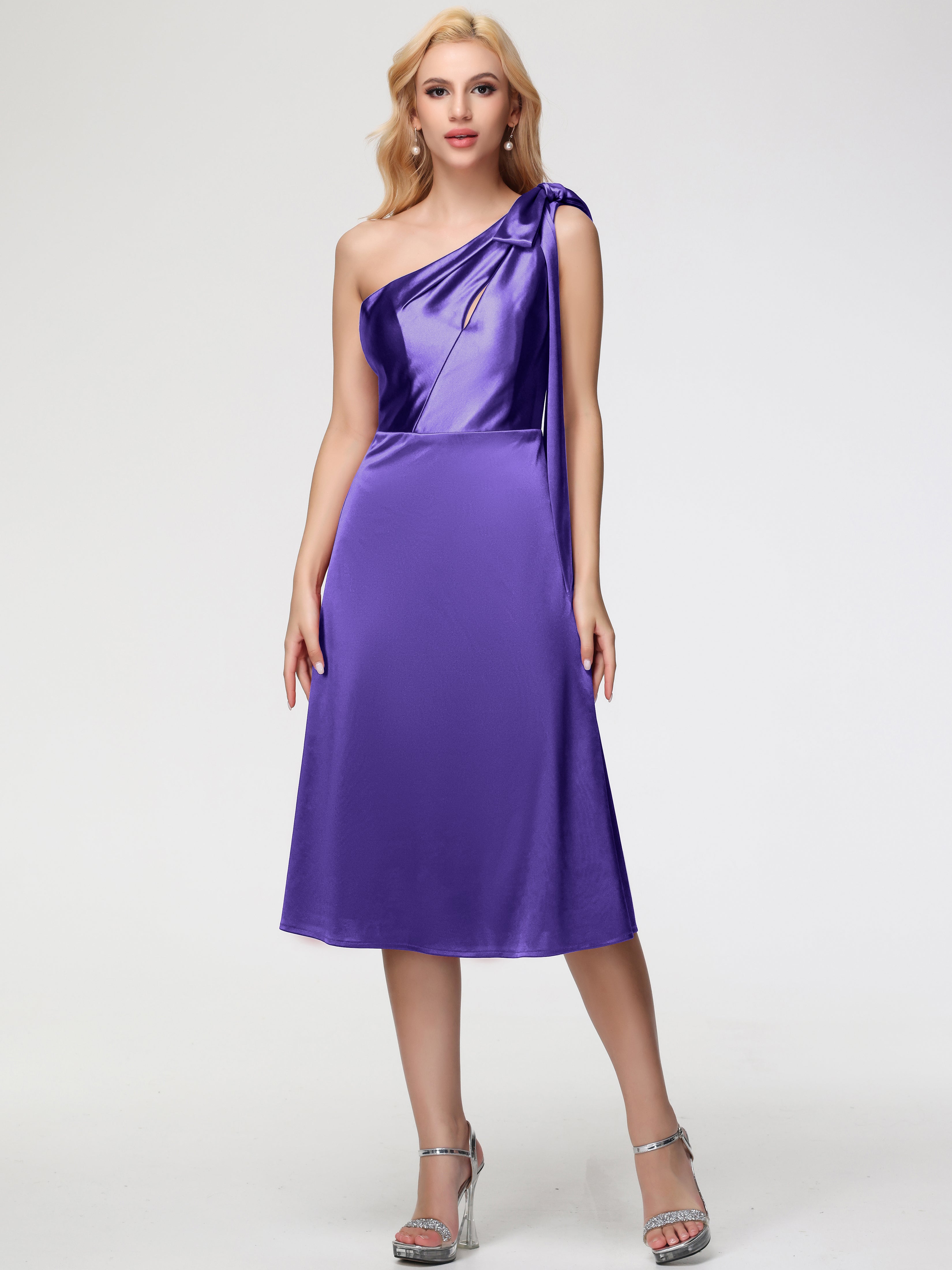 Robes De Demoiselle D'Honneur En Régence Seule-épaule Mi-Longue Satin Extensible Robe De Demoiselle D'Honneur