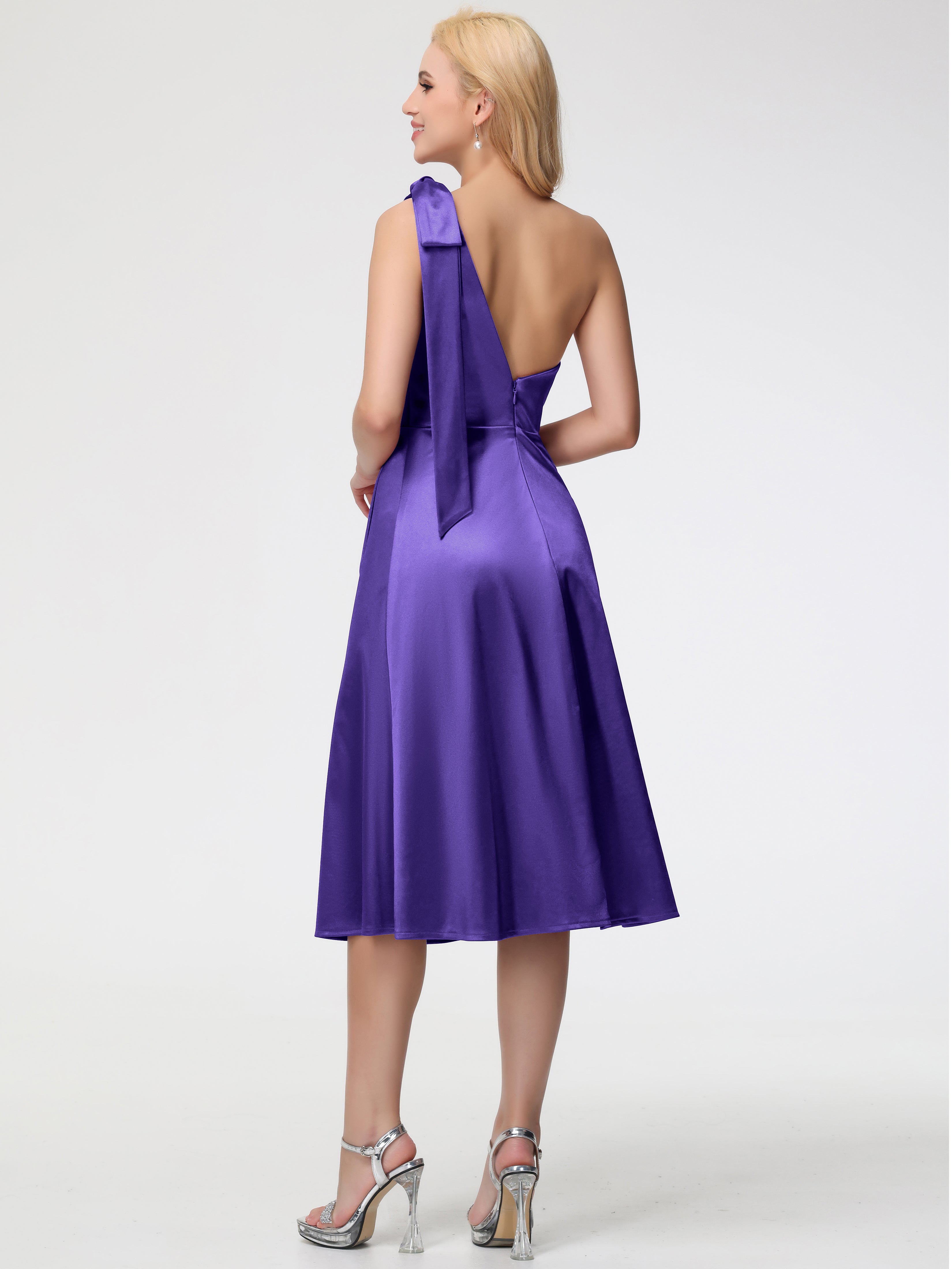 Robes De Demoiselle D'Honneur En Régence Seule-épaule Mi-Longue Satin Extensible Robe De Demoiselle D'Honneur