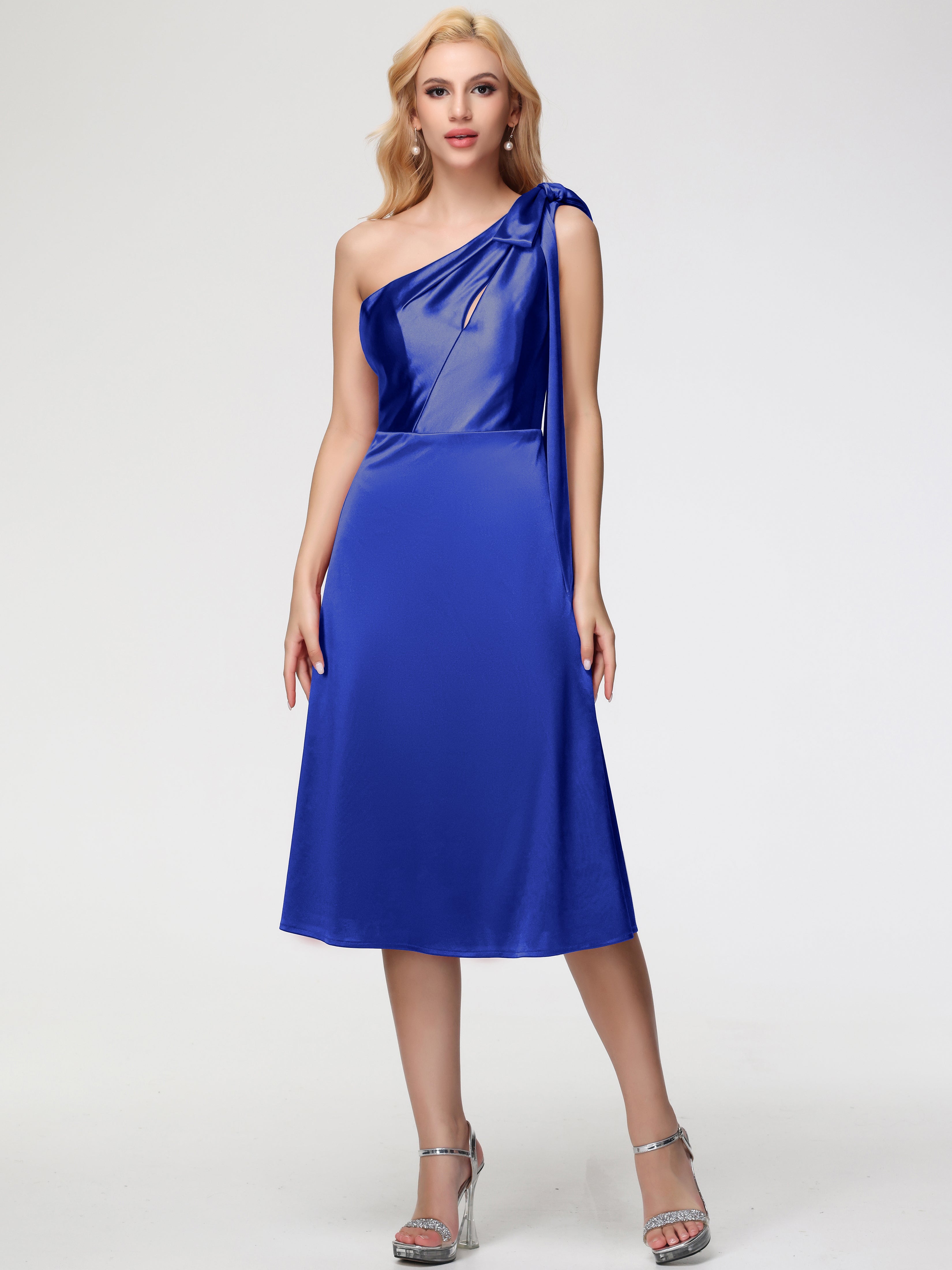 Robe Demoiselle D Honneur Bleu Royal Seule-épaule Mi-Longue Satin Extensible Robe De Demoiselle D'Honneur