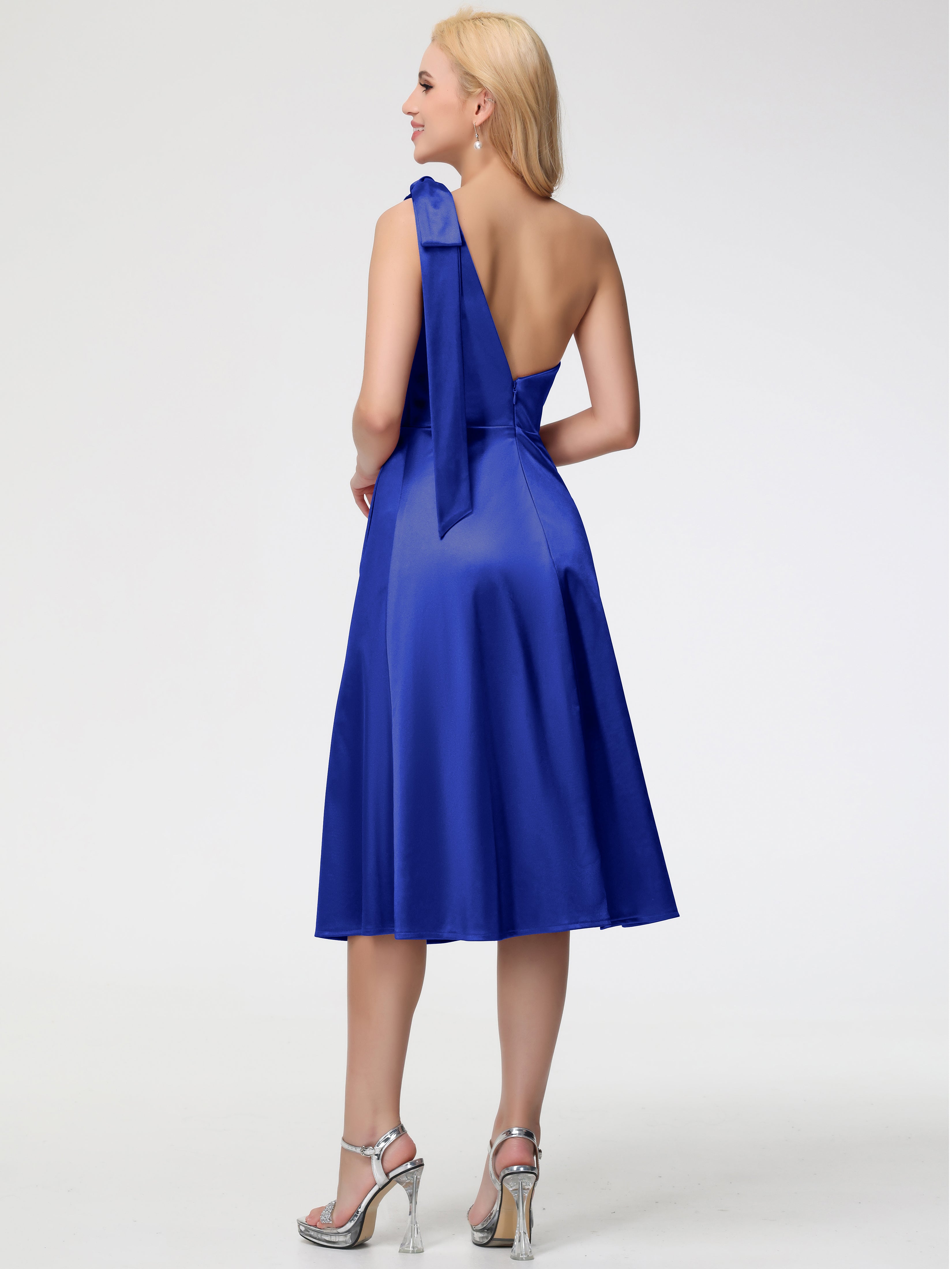 Robe Demoiselle D Honneur Bleu Royal Seule-épaule Mi-Longue Satin Extensible Robe De Demoiselle D'Honneur