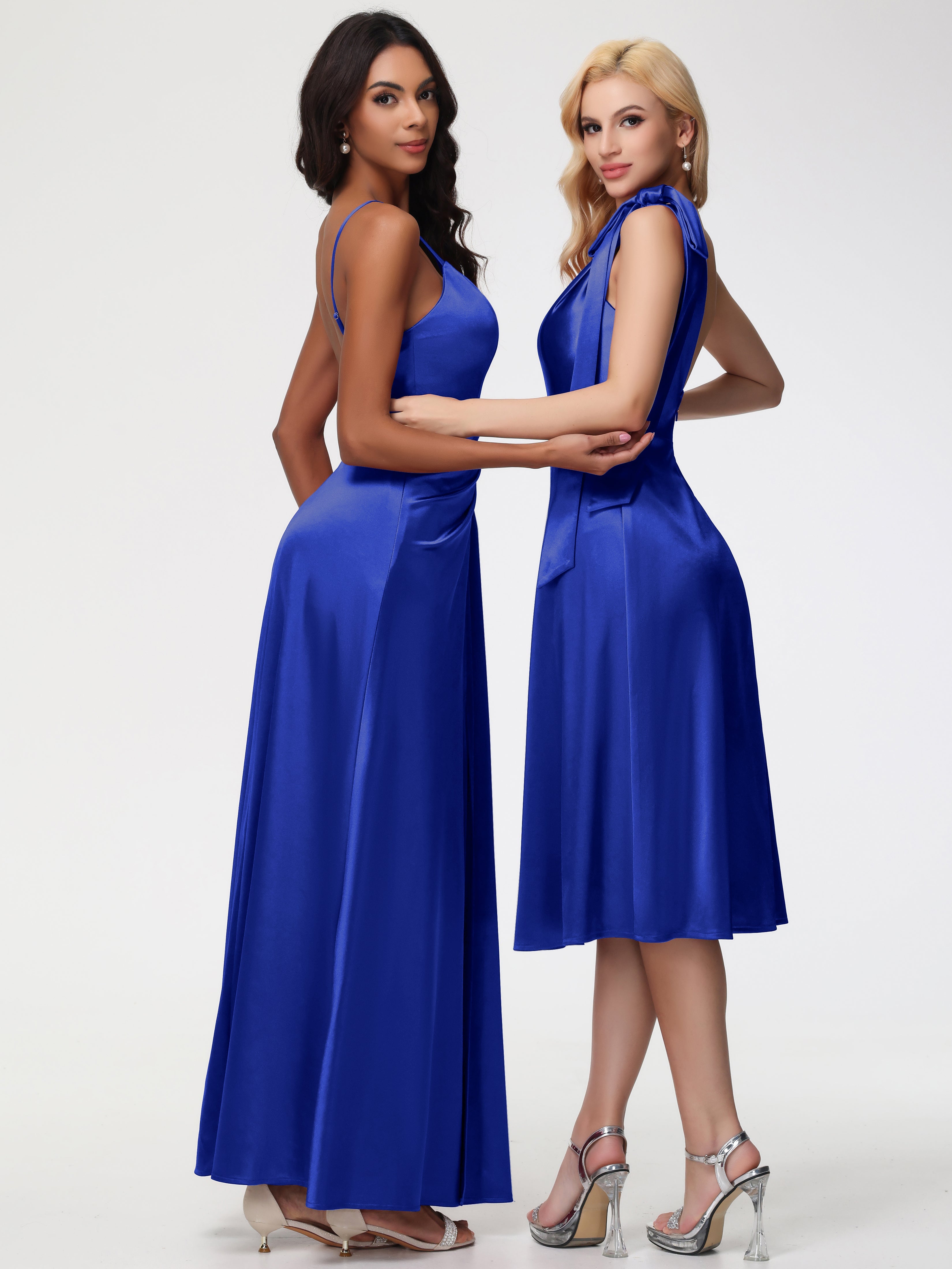 Robe Demoiselle D Honneur Bleu Royal Seule-épaule Mi-Longue Satin Extensible Robe De Demoiselle D'Honneur