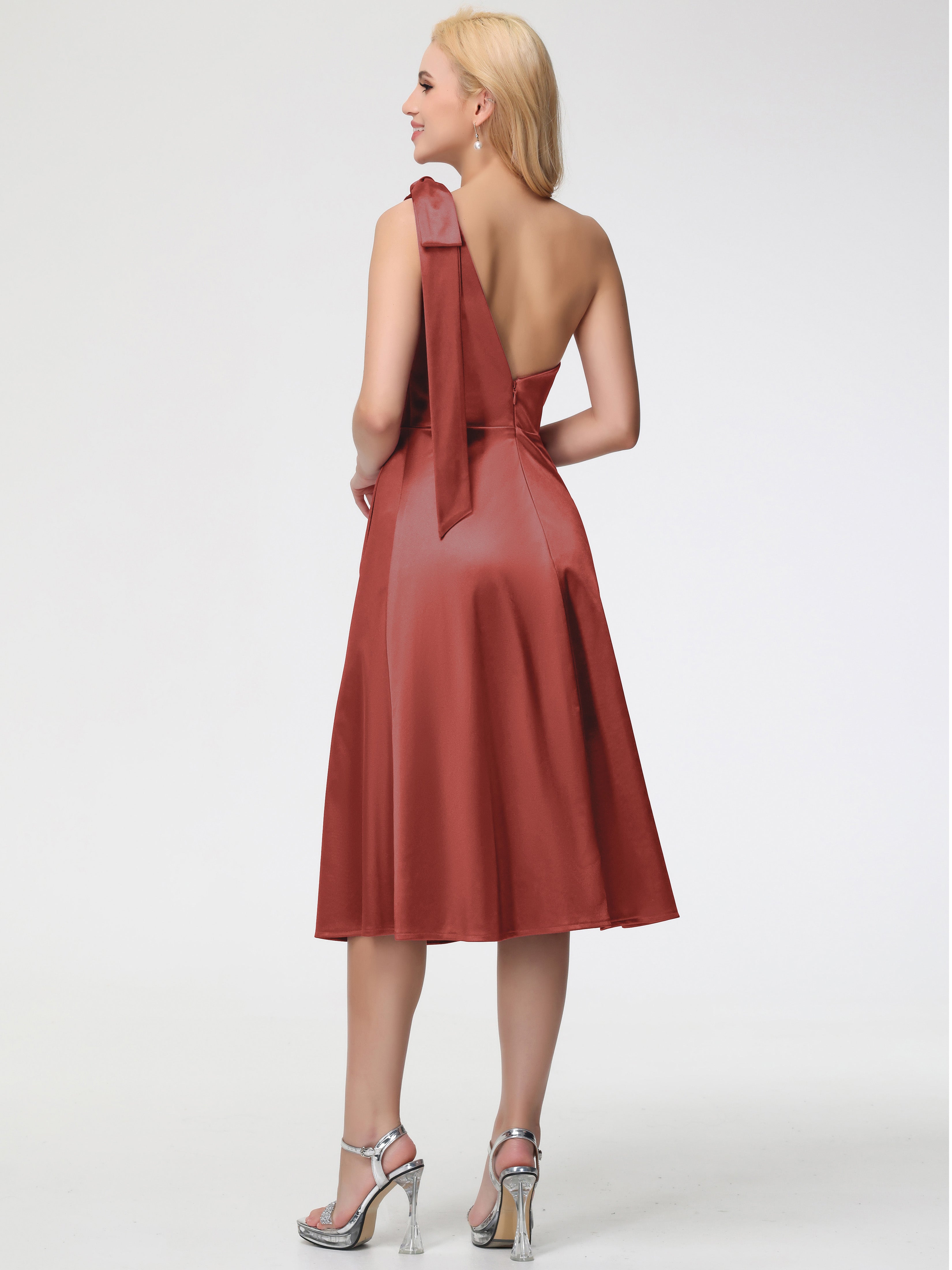 Robes De Demoiselle D'Honneur Couleur Rouille Seule-épaule Mi-Longue Satin Extensible Robe De Demoiselle D'Honneur
