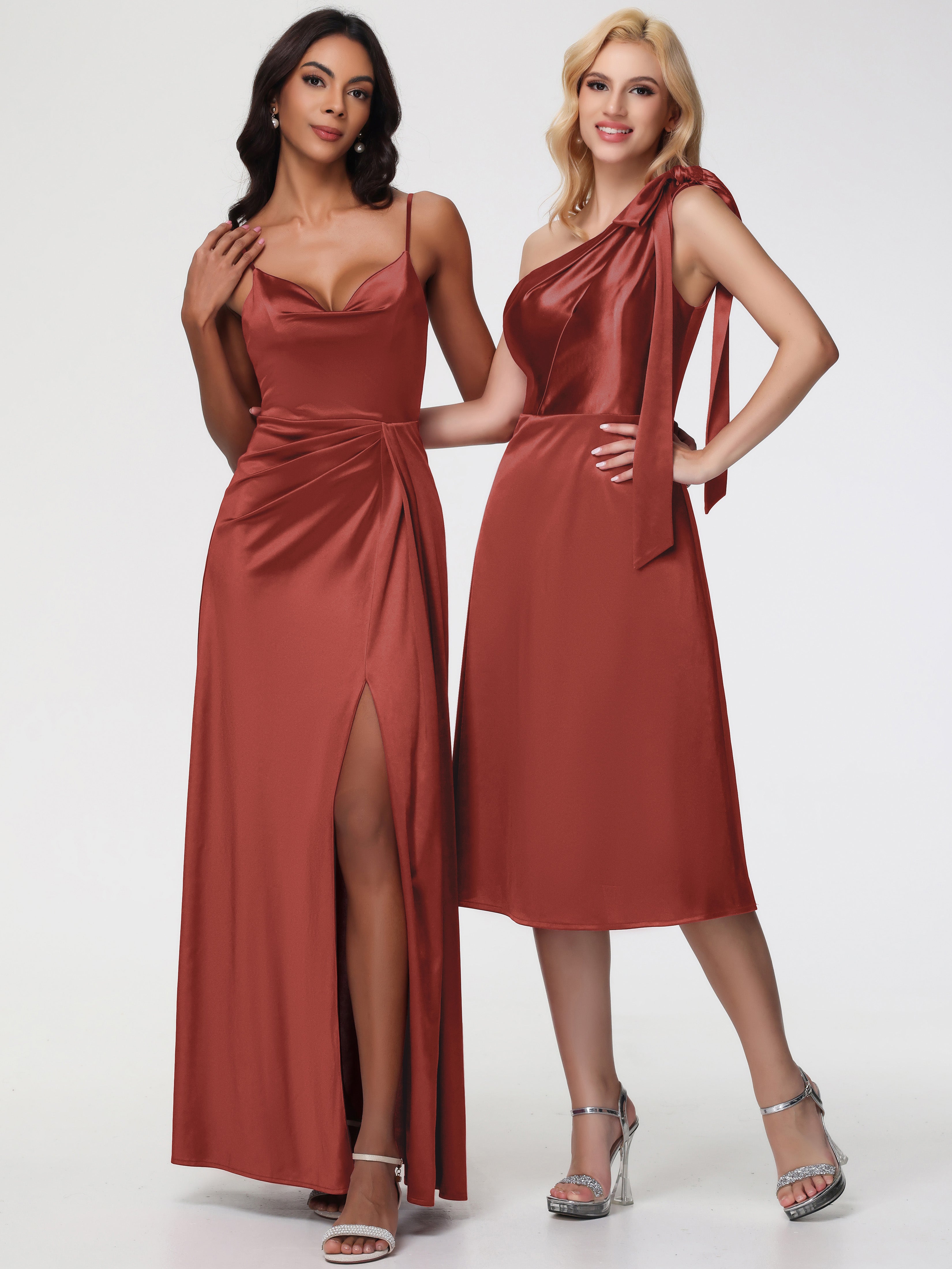 Robes De Demoiselle D'Honneur Couleur Rouille Seule-épaule Mi-Longue Satin Extensible Robe De Demoiselle D'Honneur