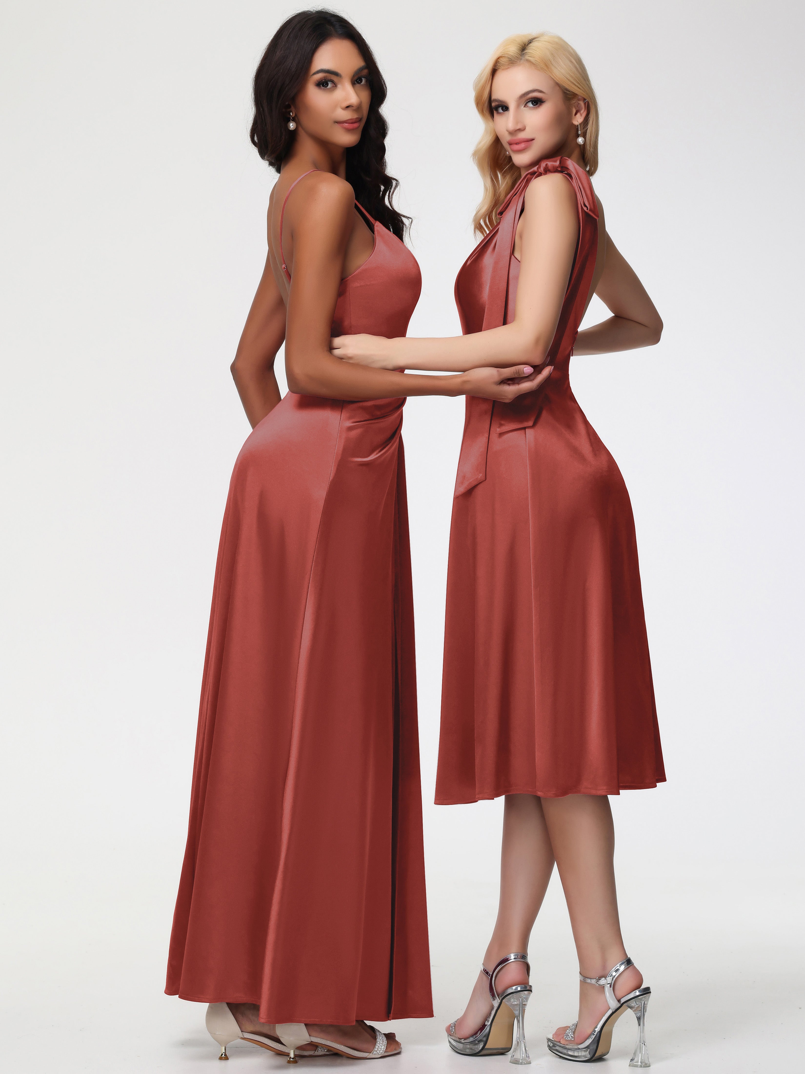 Robes De Demoiselle D'Honneur Couleur Rouille Seule-épaule Mi-Longue Satin Extensible Robe De Demoiselle D'Honneur